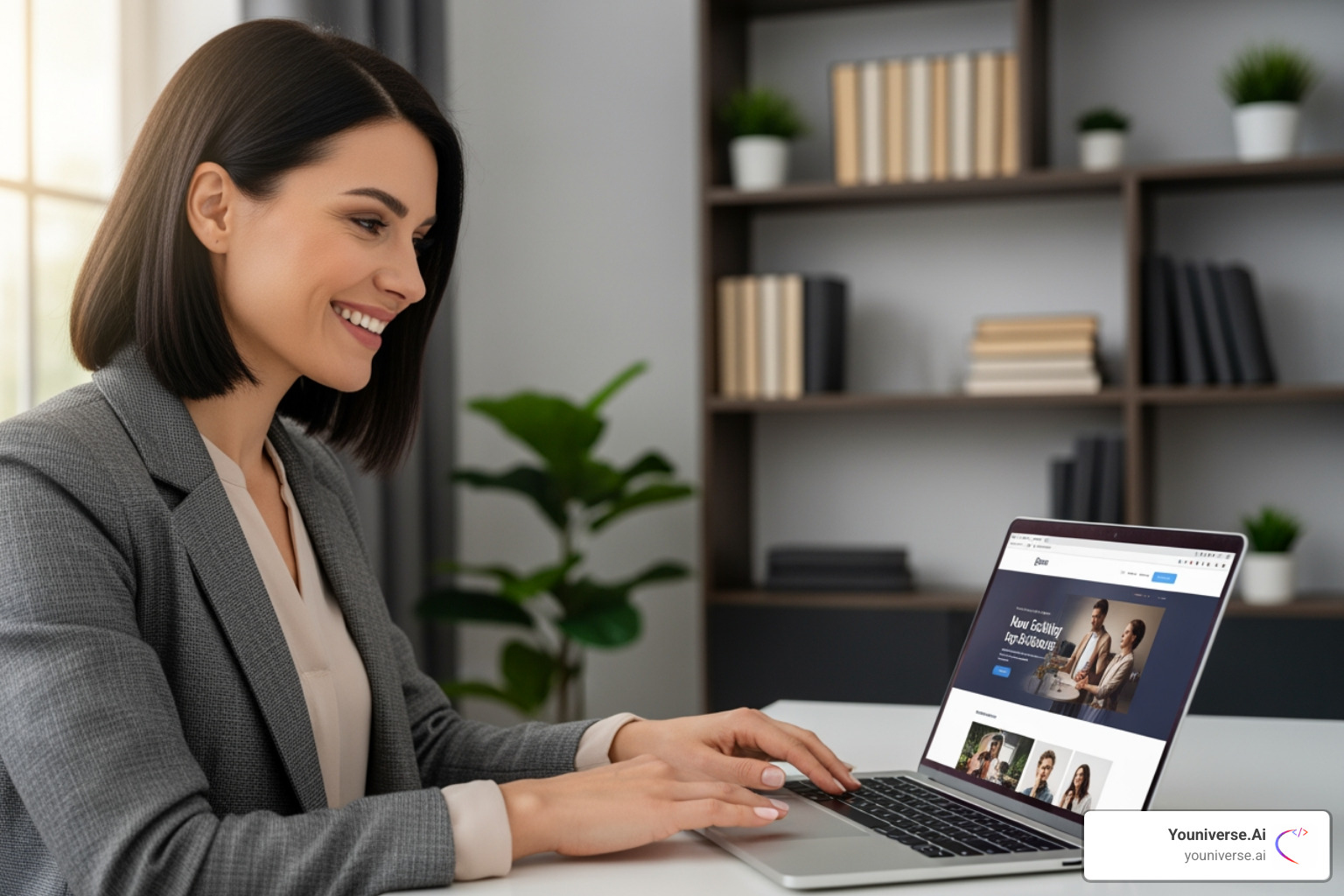 A business owner happily looking at their new website on a laptop - AI optimized websites A business owner happily looking at their new website on a laptop - AI optimized websites