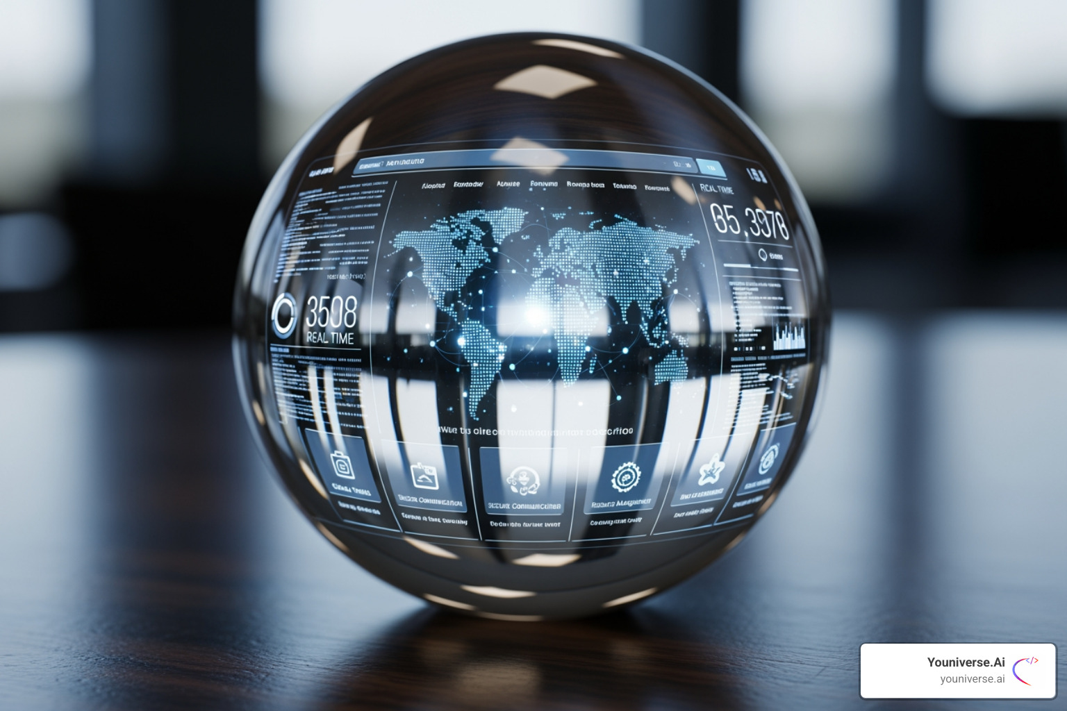 A crystal ball showing a futuristic website interface - AI optimized websites A crystal ball showing a futuristic website interface - AI optimized websites