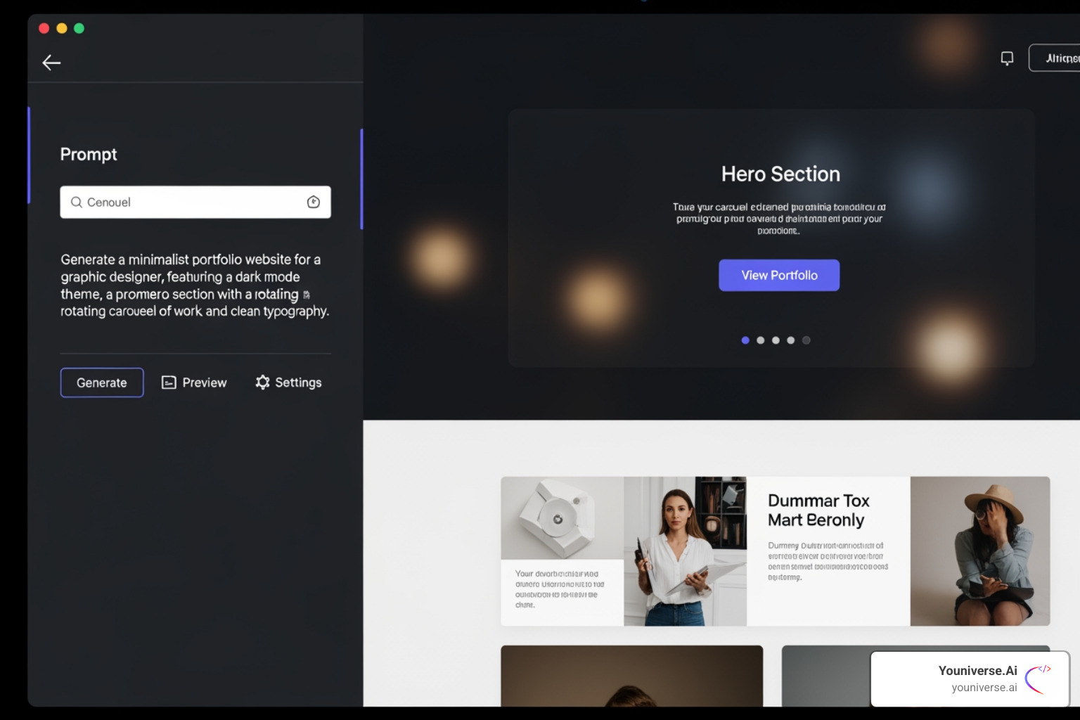 Youniverse.Ai's user interface showing a text prompt generating a webpage - AI optimized websites Youniverse.Ai's user interface showing a text prompt generating a webpage - AI optimized websites