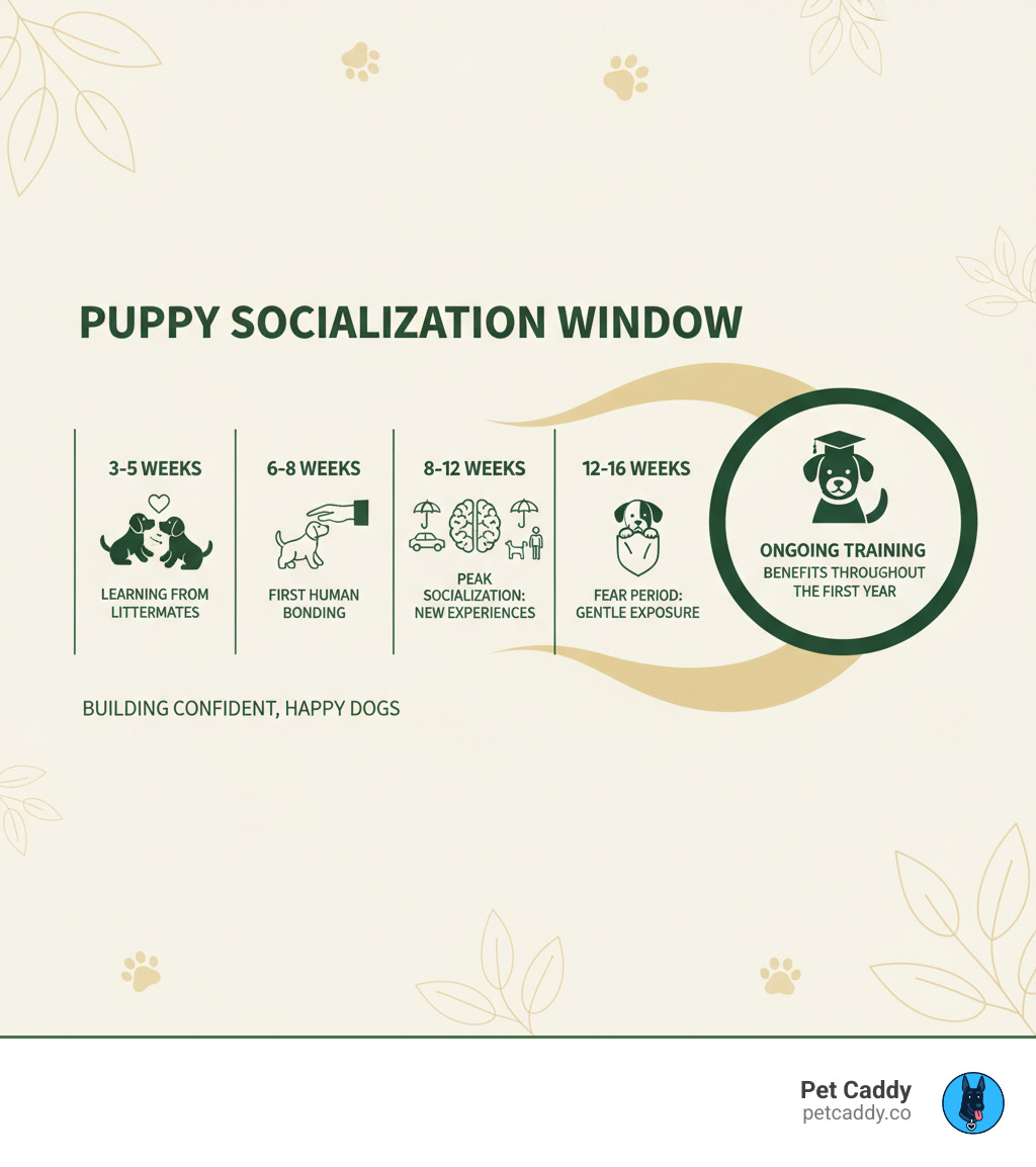 Infographic showing the puppy critical socialization period from 3-16 weeks, with key developmental milestones including: 3-5 weeks (learning from littermates), 6-8 weeks (first human bonding), 8-12 weeks (peak socialization window for new experiences), 12-16 weeks (fear period requiring gentle exposure), and ongoing training benefits throughout the first year - best puppy training Austin infographic Infographic showing the puppy critical socialization period from 3-16 weeks, with key developmental milestones including: 3-5 weeks (learning from littermates), 6-8 weeks (first human bonding), 8-12 weeks (peak socialization window for new experiences), 12-16 weeks (fear period requiring gentle exposure), and ongoing training benefits throughout the first year - best puppy training Austin infographic