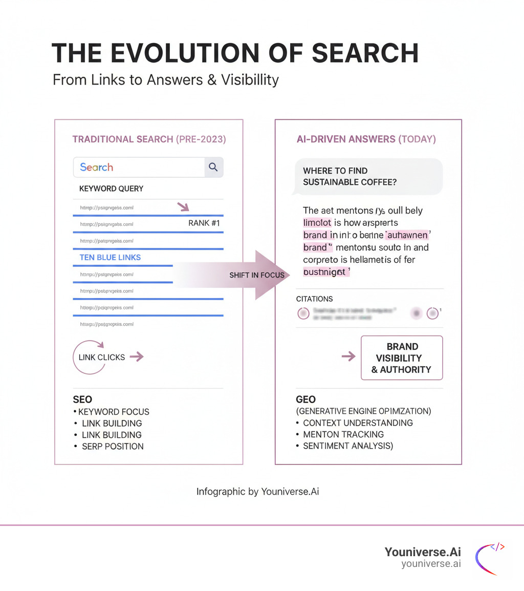 Infographic showing the evolution from traditional search (Google SERP with ten blue links and keyword rankings) to AI-driven answer engines (ChatGPT, Gemini, Perplexity providing direct answers with brand mentions and citations), highlighting the shift from link clicks to brand visibility and the key differences between SEO (keyword focus, link building, SERP position) and GEO (context understanding, mention tracking, sentiment analysis) - AI search ranking tools infographic Infographic showing the evolution from traditional search (Google SERP with ten blue links and keyword rankings) to AI-driven answer engines (ChatGPT, Gemini, Perplexity providing direct answers with brand mentions and citations), highlighting the shift from link clicks to brand visibility and the key differences between SEO (keyword focus, link building, SERP position) and GEO (context understanding, mention tracking, sentiment analysis) - AI search ranking tools infographic