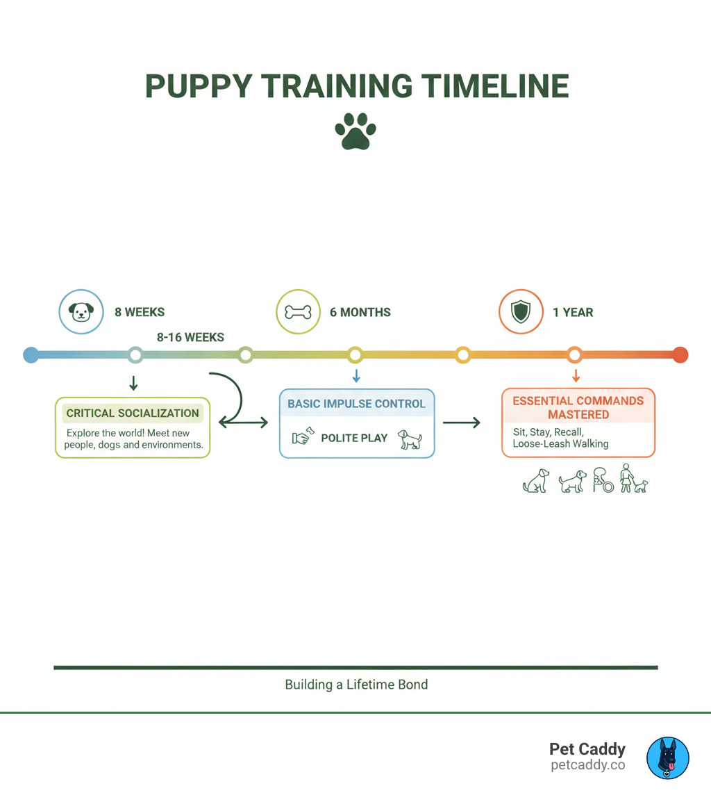 Puppy Training Timeline infographic showing key developmental stages from 8 weeks to 1 year, including critical socialization period at 8-16 weeks, basic impulse control and polite play by 6 months, and mastery of essential commands like sit, stay, recall, and loose-leash walking by one year - dog training for puppies infographic Puppy Training Timeline infographic showing key developmental stages from 8 weeks to 1 year, including critical socialization period at 8-16 weeks, basic impulse control and polite play by 6 months, and mastery of essential commands like sit, stay, recall, and loose-leash walking by one year - dog training for puppies infographic