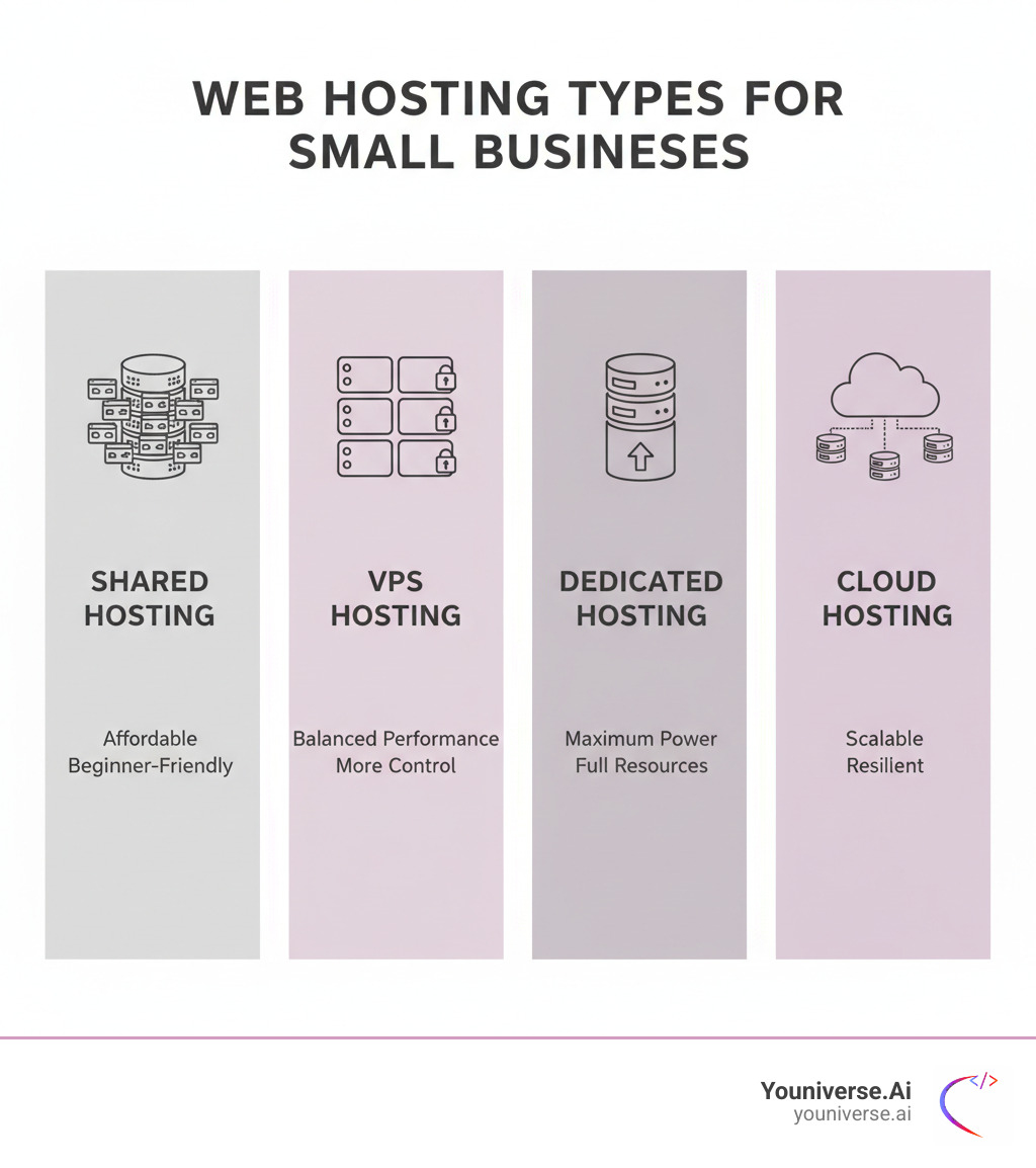 infographic showing four columns: Shared Hosting with multiple small websites on one server labeled affordable and beginner-friendly; VPS Hosting with dedicated virtual sections labeled balanced performance and control; Dedicated Hosting with one large server labeled maximum power and resources; Cloud Hosting with interconnected servers labeled scalable and resilient - small business web hosting companies infographic 