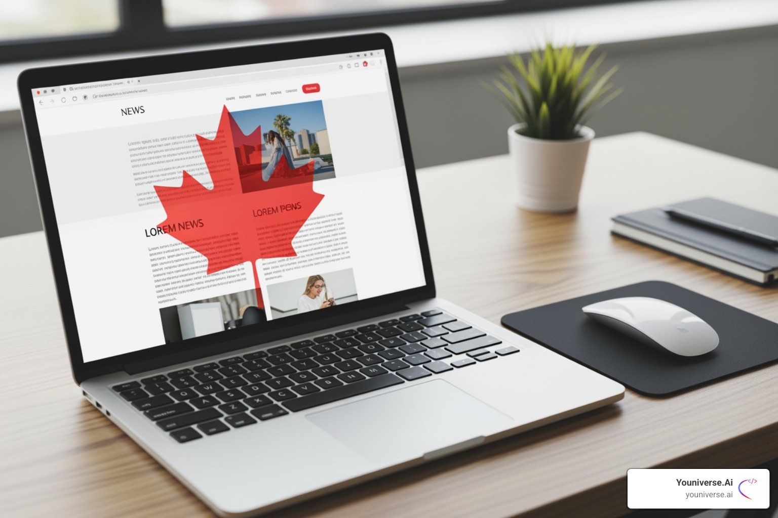 a laptop displaying the HostPapa website with a Canadian maple leaf overlay - small business web hosting companies