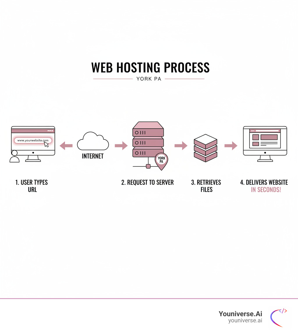 infographic showing the web hosting process: a user types a URL into their browser, the request travels to a web hosting server in York PA, the server retrieves the website files from storage, and delivers the complete website back to the user's screen in seconds - web hosting York PA infographic infographic showing the web hosting process: a user types a URL into their browser, the request travels to a web hosting server in York PA, the server retrieves the website files from storage, and delivers the complete website back to the user's screen in seconds - web hosting York PA infographic