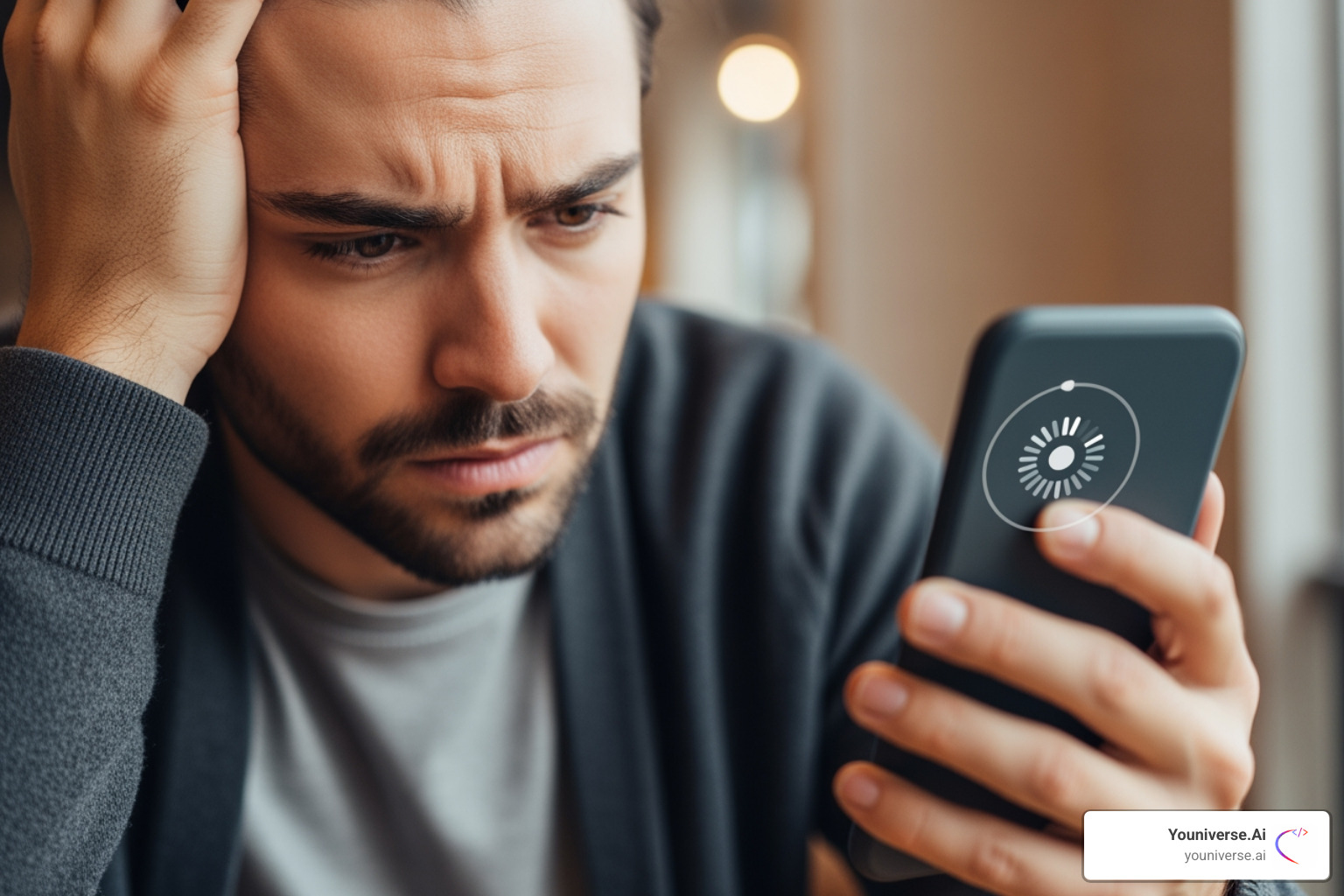 frustrated person looking at a slow-loading website on their phone - web hosting York PA frustrated person looking at a slow-loading website on their phone - web hosting York PA