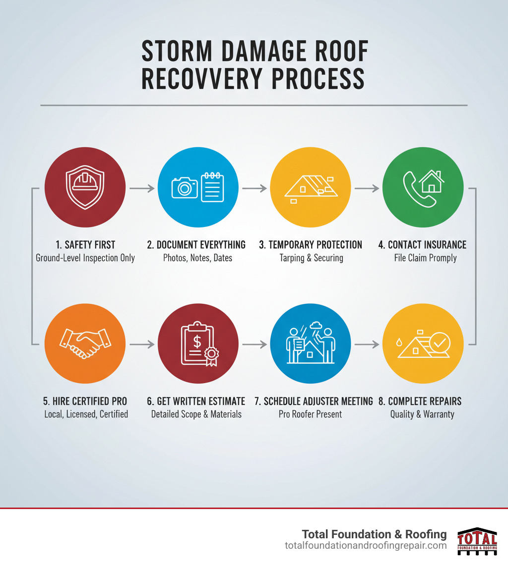 Infographic showing the complete storm damage response process: 1. Safety First - conduct ground-level inspection only, 2. Document Everything - photos, videos, detailed notes with dates, 3. Temporary Protection - emergency tarping and securing loose materials, 4. Contact Insurance - file claim within policy timeframe, 5. Hire Certified Pro - local, licensed contractor with manufacturer certifications, 6. Get Written Estimate - detailed scope of work and materials, 7. Schedule Adjuster Meeting - professional roofer present for assessment, 8. Complete Repairs - quality workmanship with warranty protection - storm damage roofing company infographic 