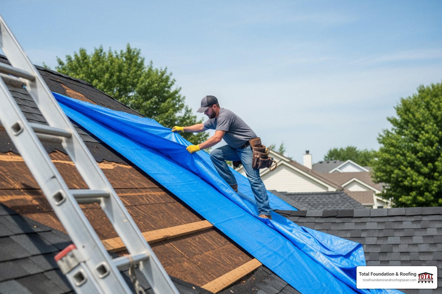 professional applying an emergency tarp to a damaged roof section - storm damage roofing company