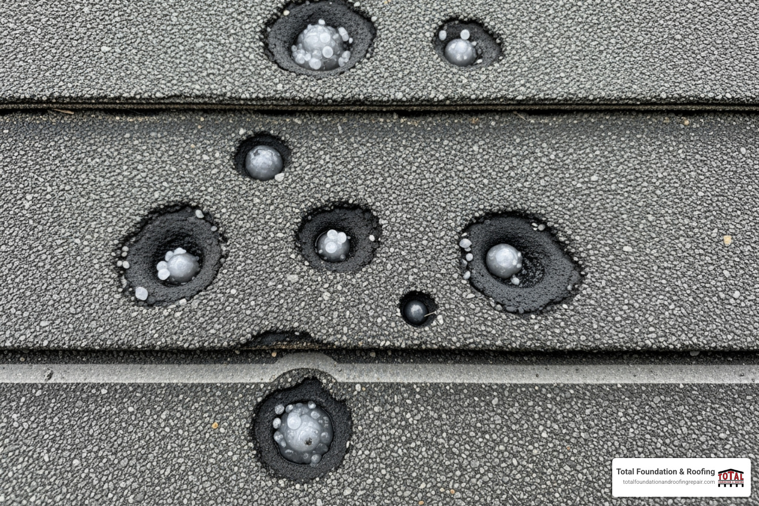 hail impact marks on an asphalt shingle - storm damage roofing company