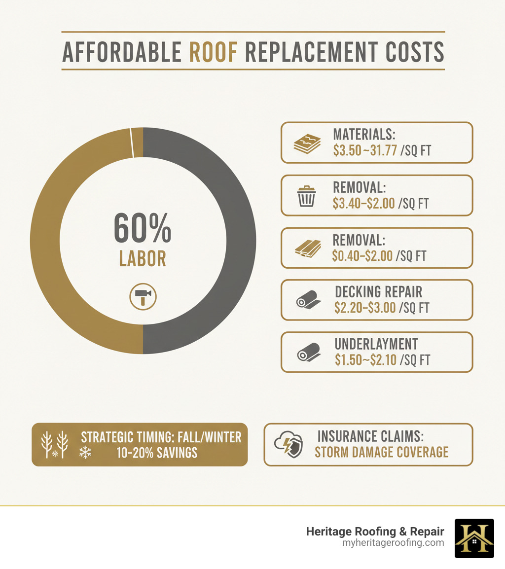 Infographic showing the breakdown of affordable roof replacement costs: 60% labor, material costs ranging from $3.50-$31.77 per square foot, removal costs of $0.40-$2.00 per square foot, decking repair at $2.20-$3.00 per square foot, and underlayment at $1.50-$2.10 per square foot, with strategic timing in fall/winter for 10-20% savings and insurance claims covering storm damage - affordable roof replacement infographic 