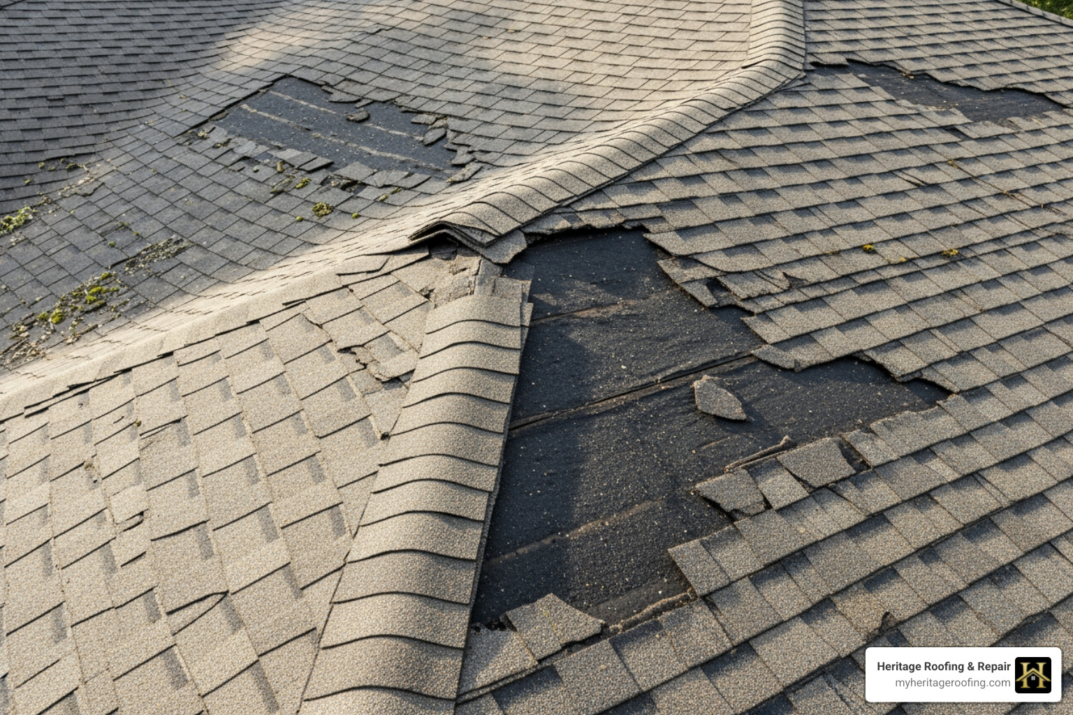 Image of curled, cracked, and missing asphalt shingles on an old roof - affordable roof replacement