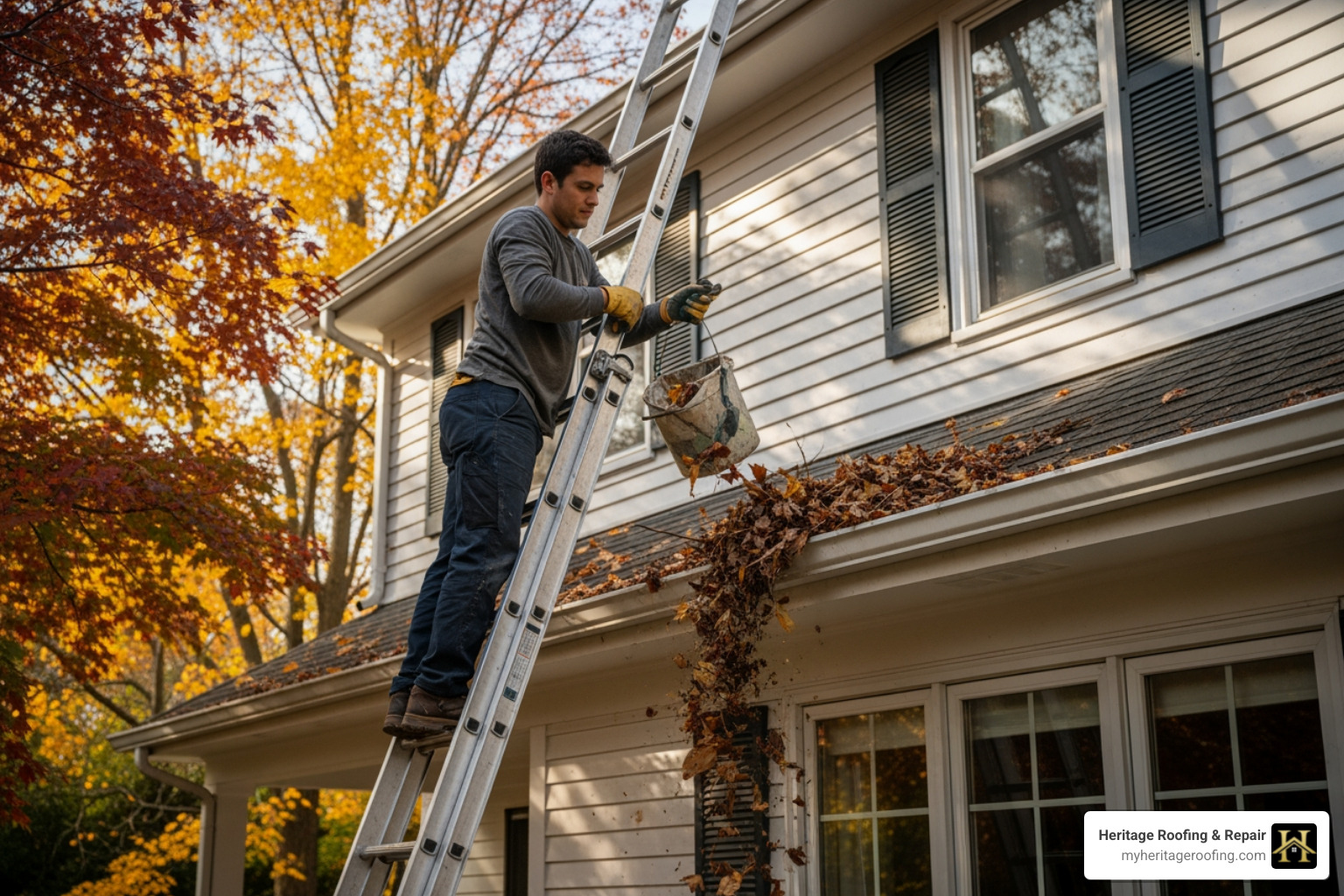 Image of a homeowner cleaning gutters filled with leaves and debris - affordable roof replacement