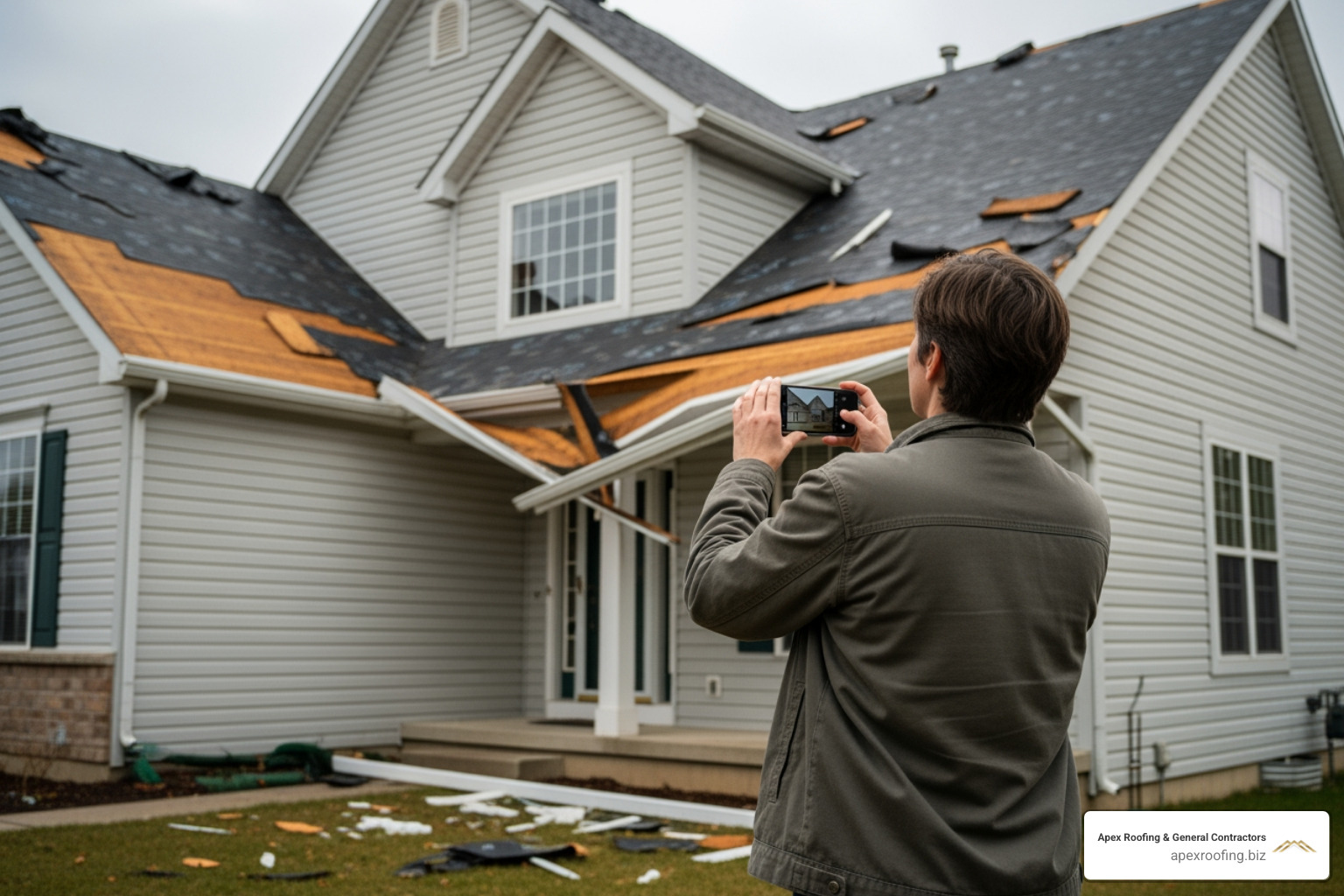 homeowner taking a picture of their damaged roof with a smartphone - does homeowners insurance cover a new roof