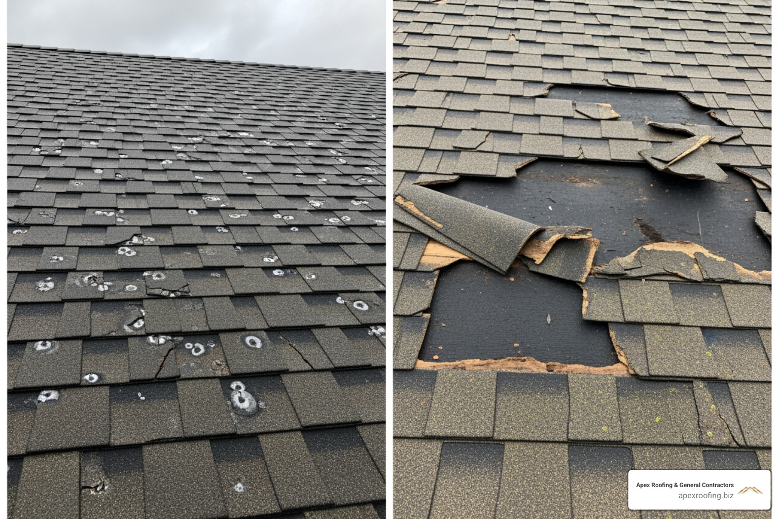 split screen showing hail damaged roof on one side and a poorly maintained, old roof on the other - does homeowners insurance cover a new roof