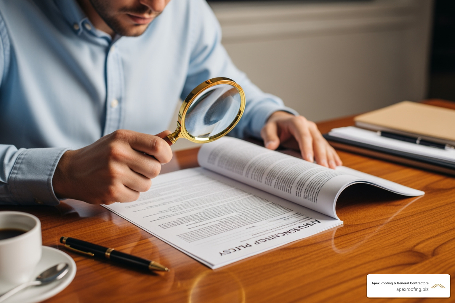 person reading an insurance policy document with a magnifying glass - does homeowners insurance cover a new roof