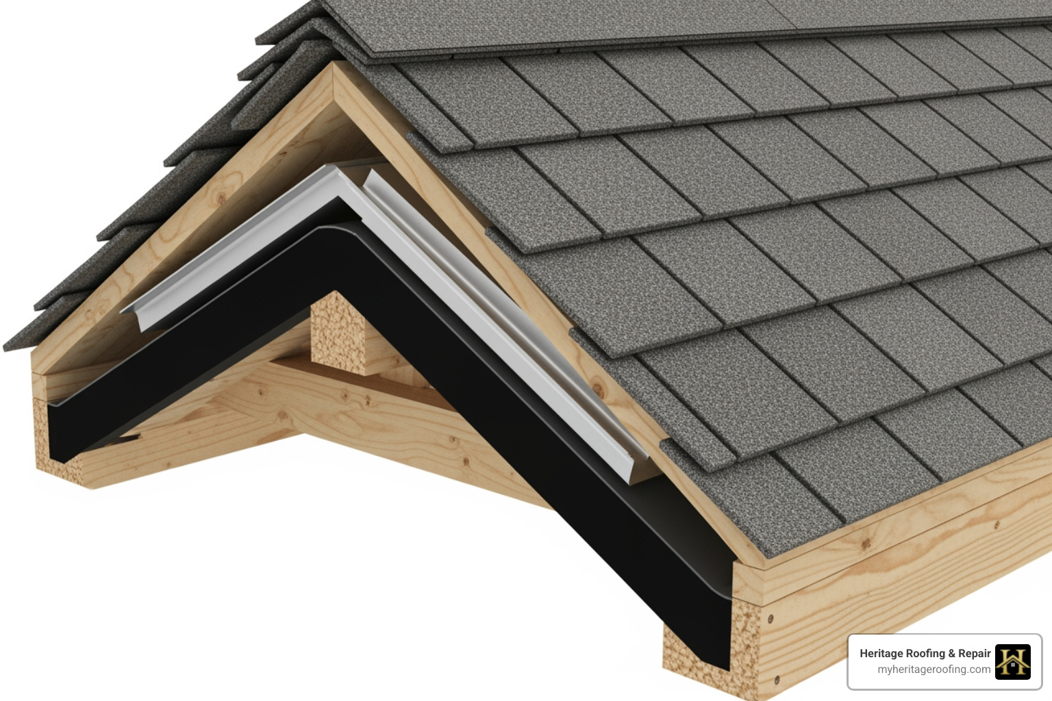 Image showing the different layers of a roof system: decking, underlayment, shingles, and flashing - affordable roof replacement