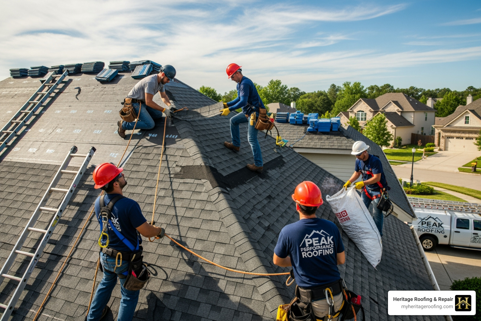 Image of a friendly, professional roofing crew working on a residential roof - affordable roof replacement