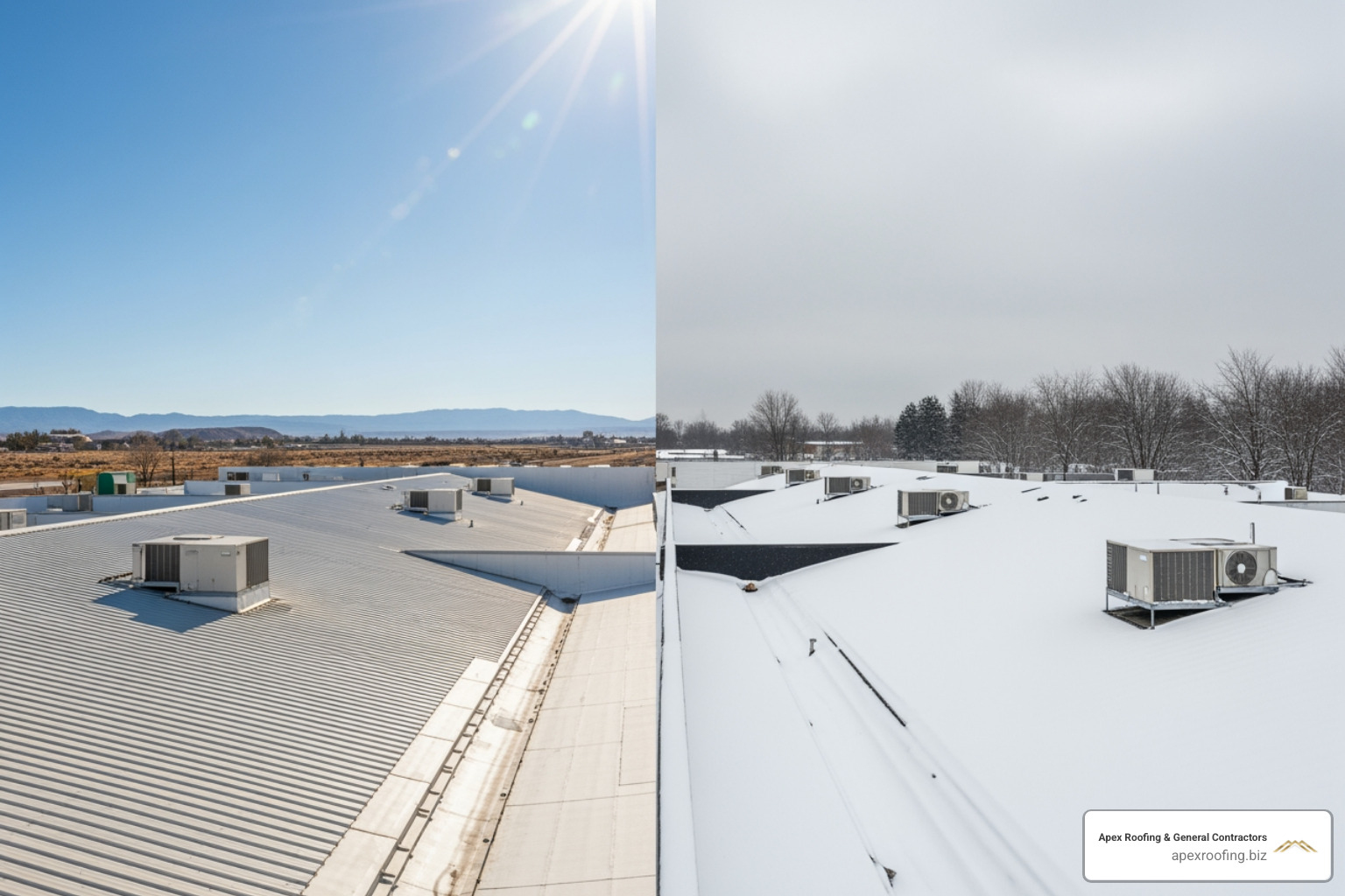 split view of a roof in a hot, sunny climate versus a snowy climate - Roofing for commercial buildings split view of a roof in a hot, sunny climate versus a snowy climate - Roofing for commercial buildings