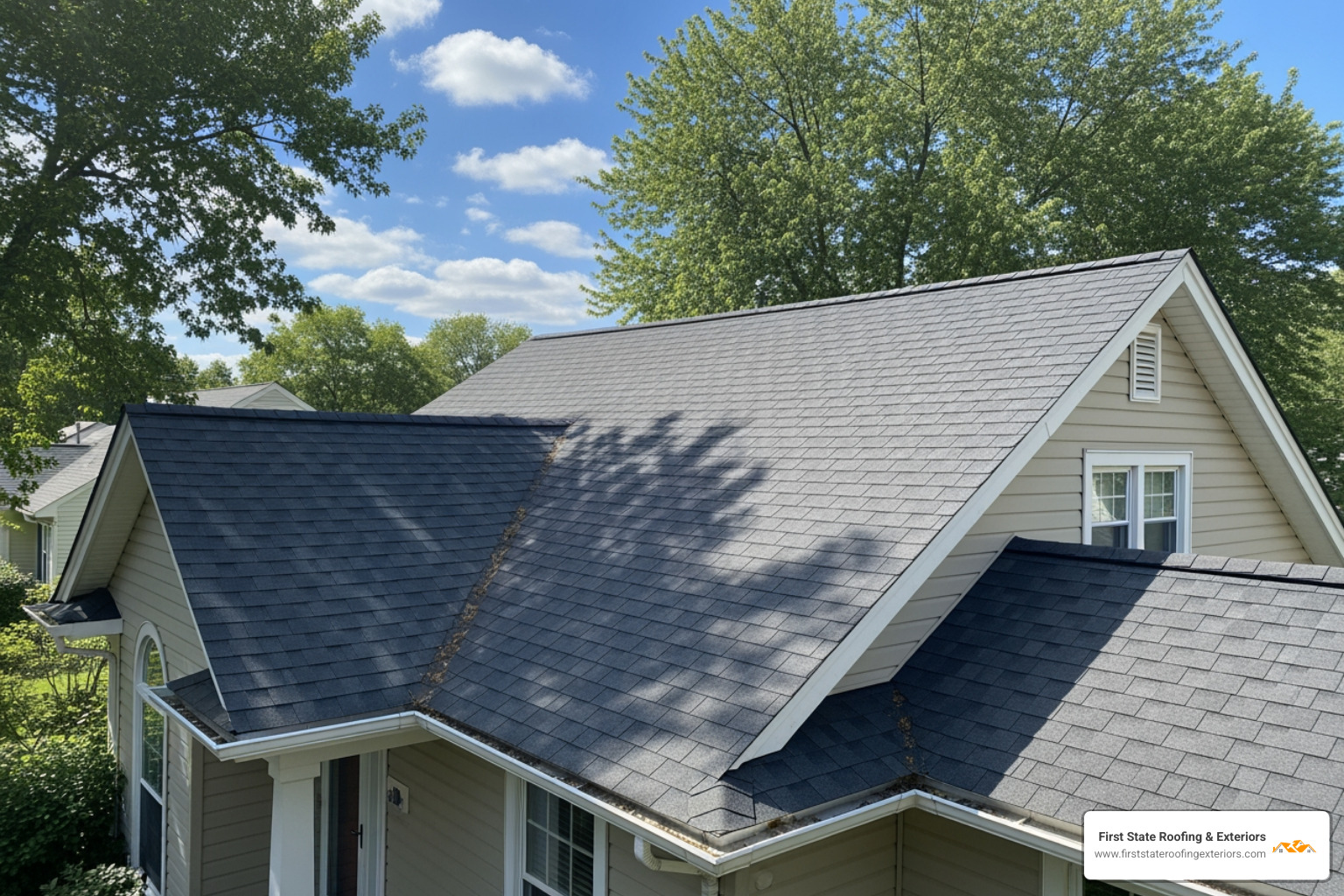 A clean, well-maintained roof with clear gutters on a sunny day. - roof leak repair Dover