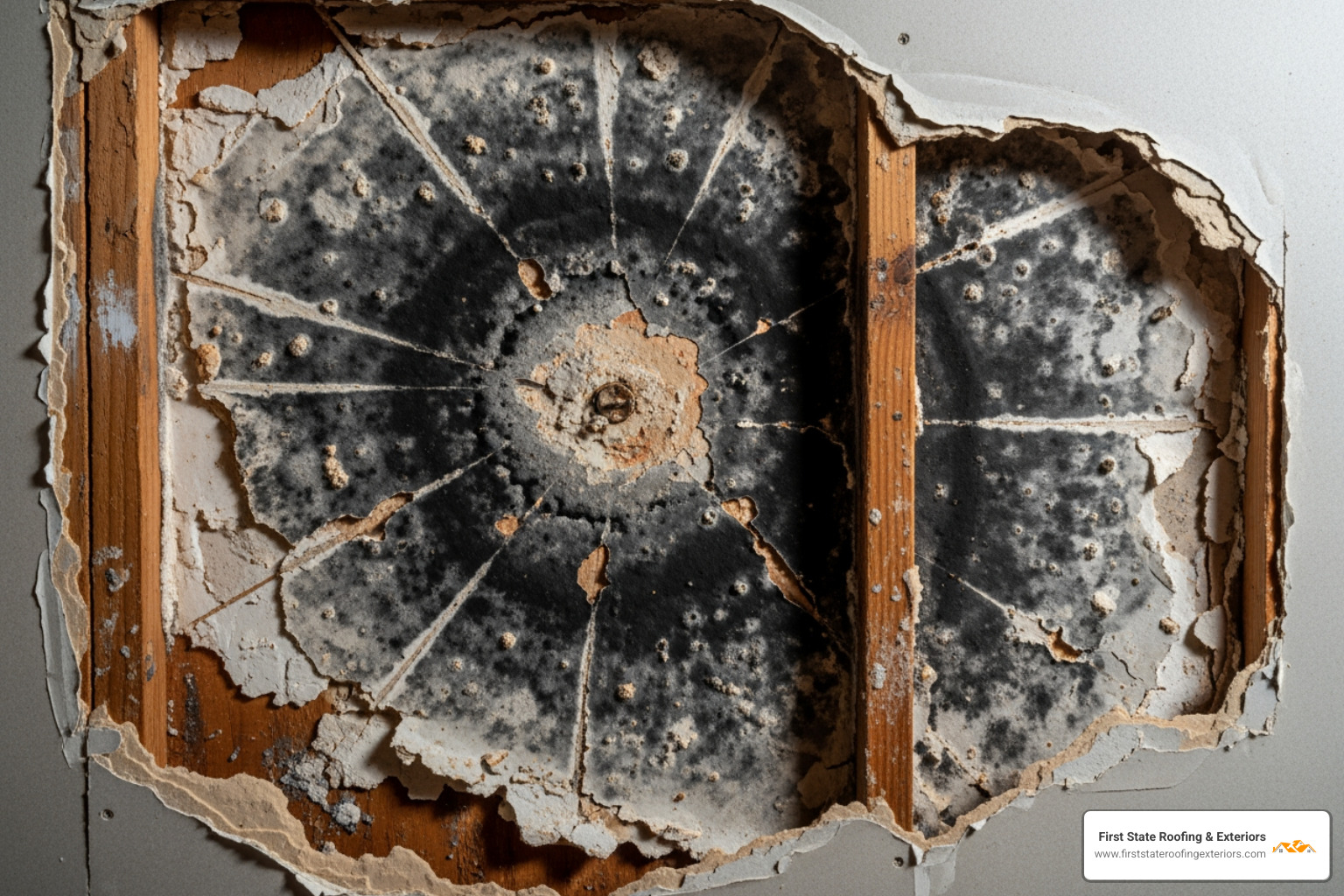 Extensive black mold growing on drywall behind a wall panel, caused by a persistent roof leak. - roof leak repair Dover