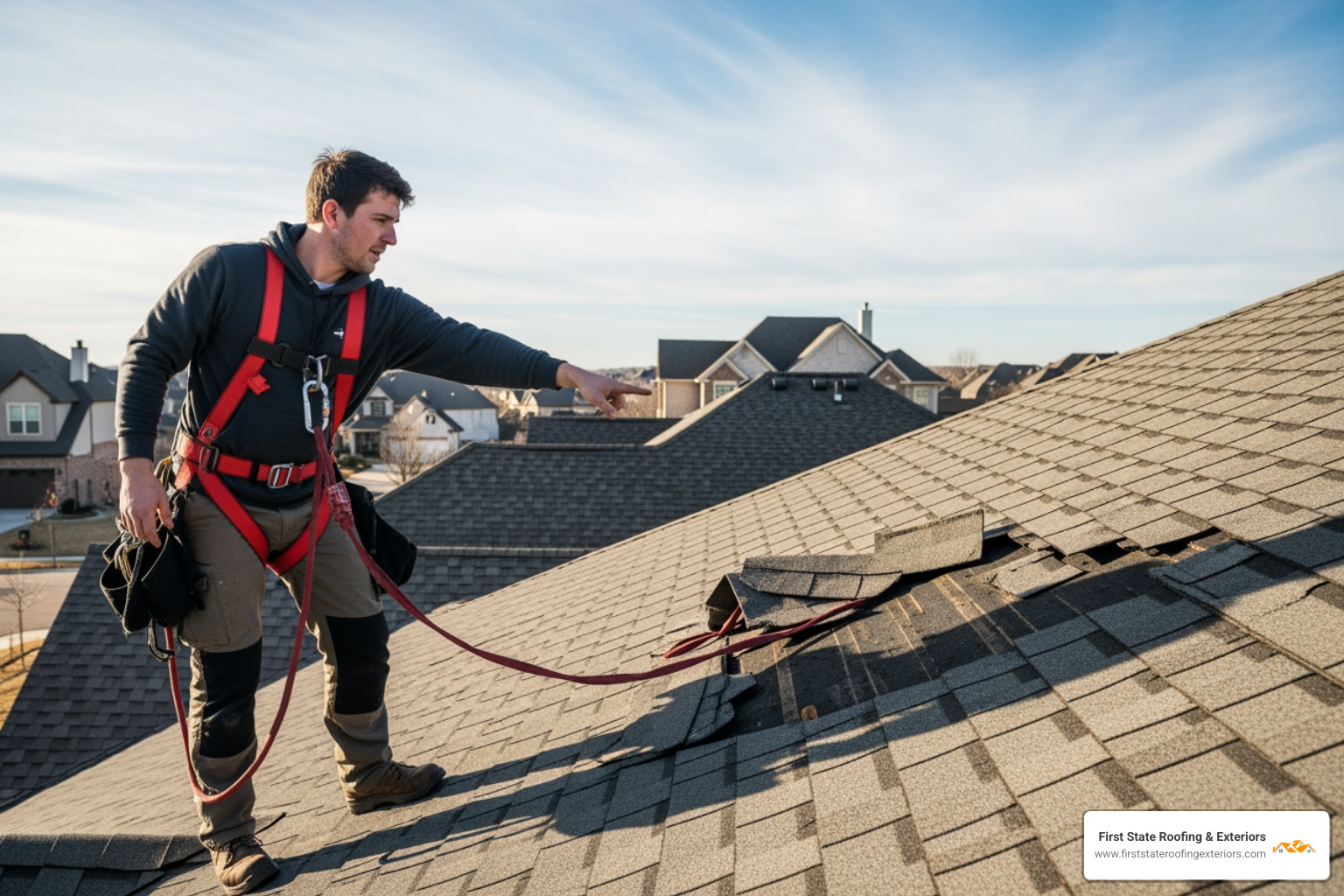 Roofer pointing out cracked and missing asphalt shingles on a roof. - roof leak repair Dover