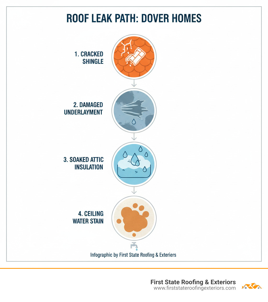 Infographic showing the path of water infiltration from a roof leak: starting at a cracked asphalt shingle, flowing through damaged underlayment, soaking attic insulation, and finally forming a water stain on ceiling drywall, with labels for each stage of damage progression - roof leak repair Dover infographic 