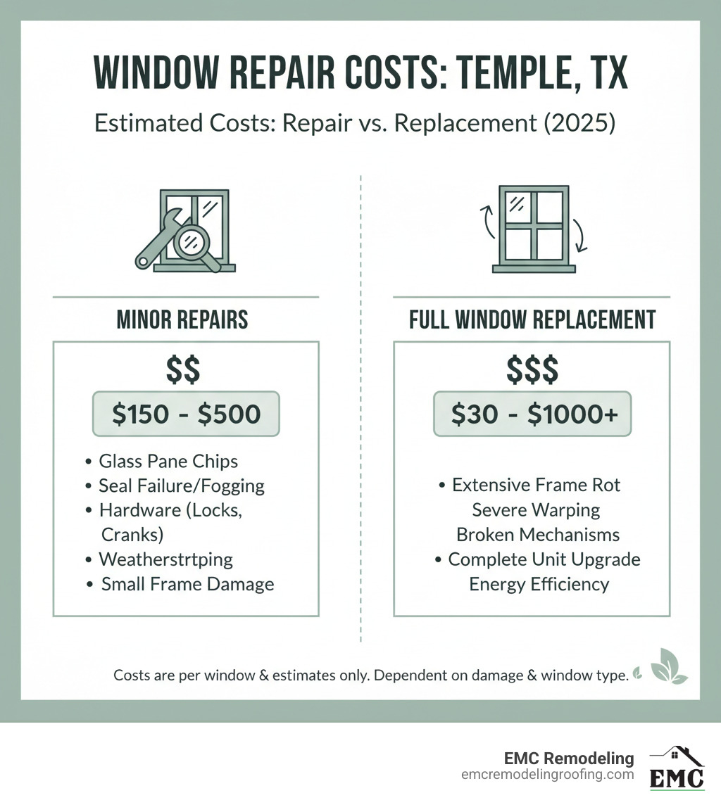 Table comparing estimated costs for minor repairs versus full window replacement in Temple, TX - window repair Temple TX infographic 