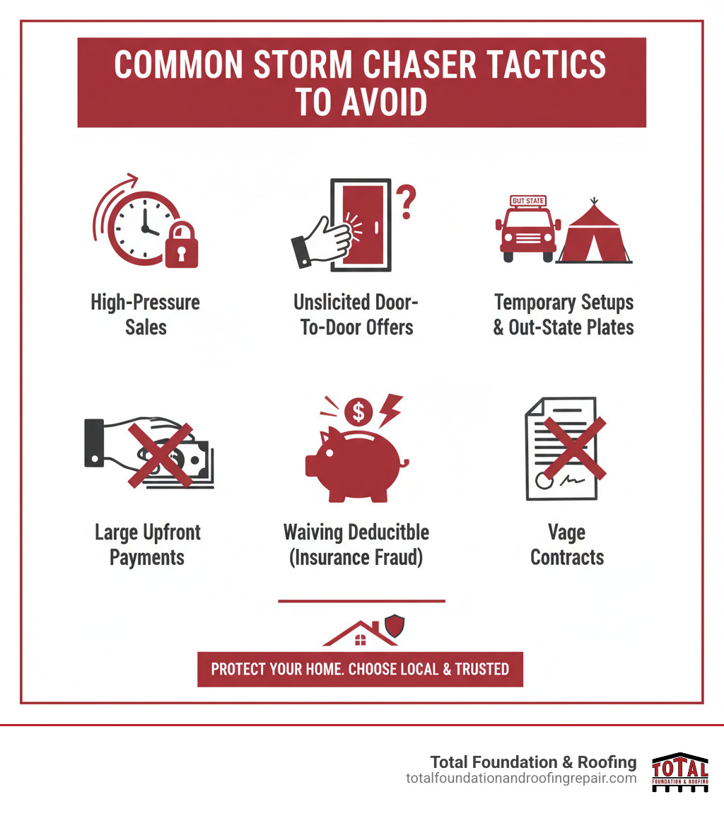 An infographic illustrating common storm chaser tactics to avoid - storm damage roofing company infographic 