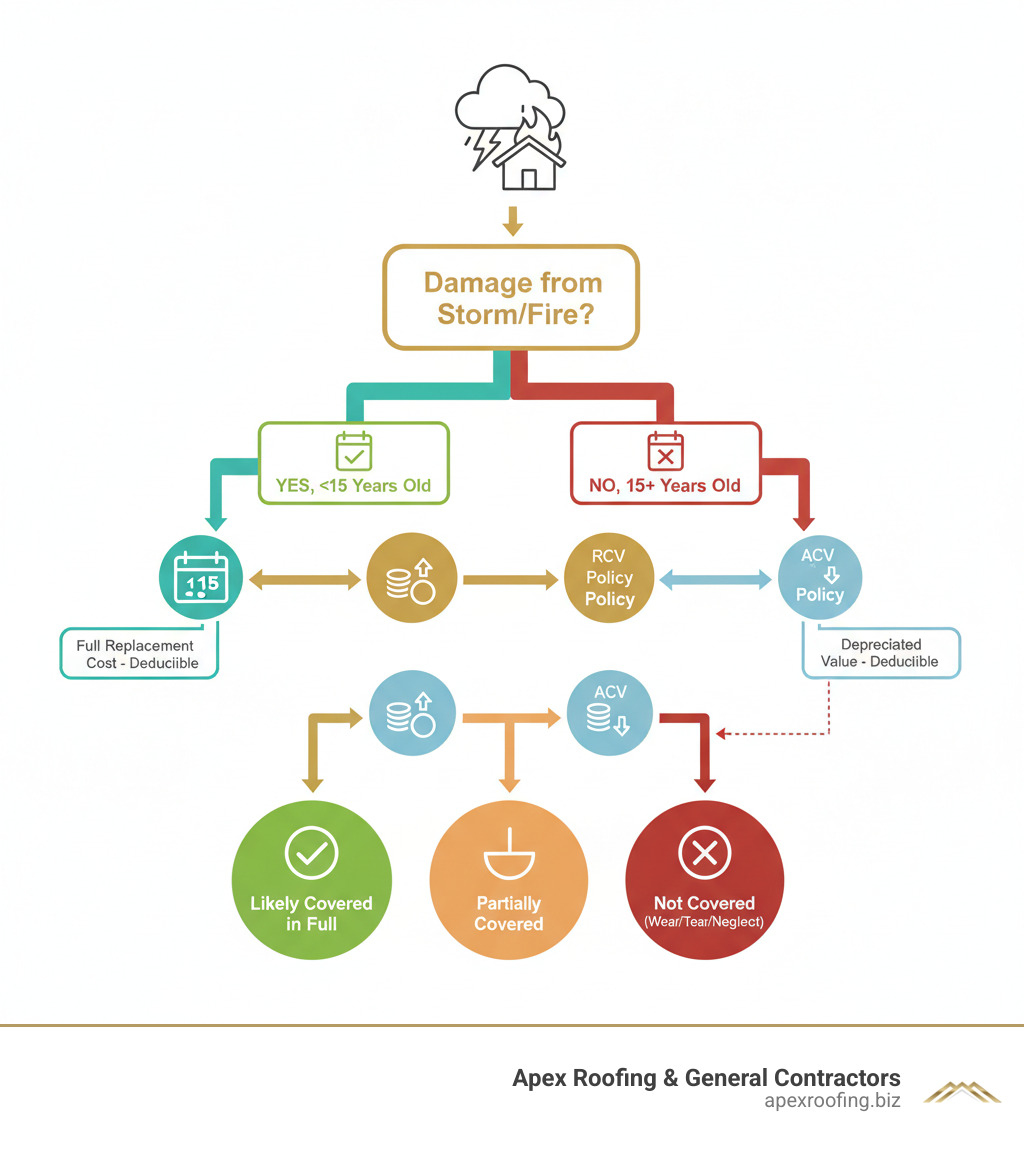 detailed infographic showing the insurance claim decision tree: starting with Is damage from a covered peril like storm or fire, branching to Is roof under 15 years old, then splitting into RCV policy pays full replacement cost minus deductible versus ACV policy pays depreciated value minus deductible, with final outcomes of Likely Covered in Full, Partially Covered, or Not Covered for wear and tear or neglect - does homeowners insurance cover a new roof infographic 