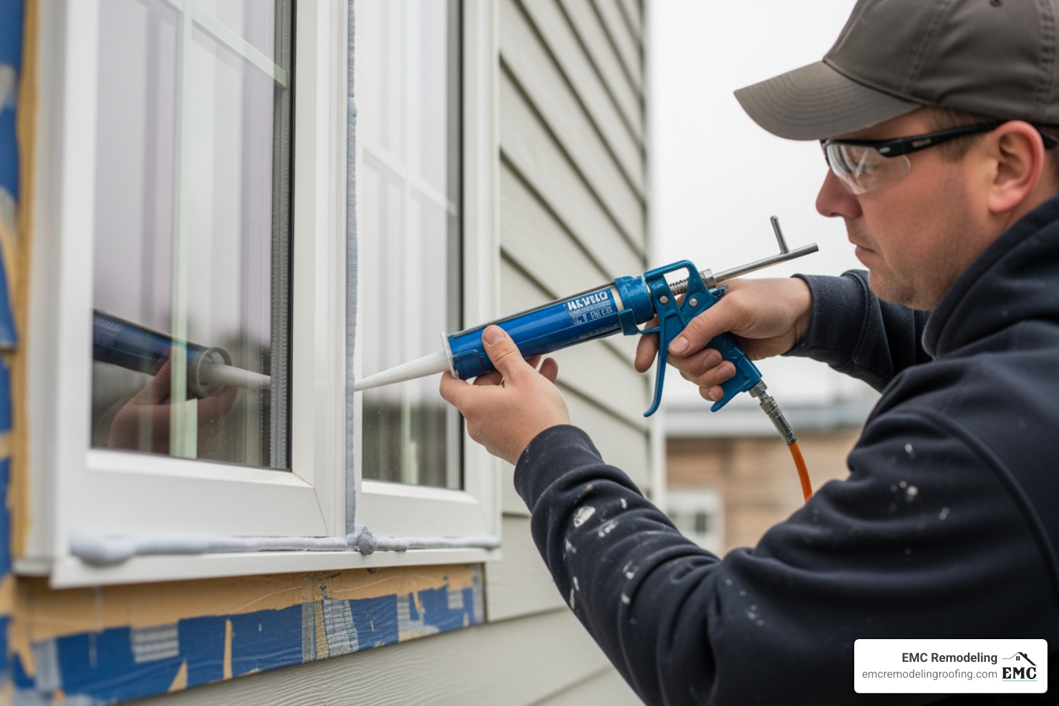 Professional installer carefully applying sealant around the frame of a newly installed double-hung window to ensure an airtight and watertight seal. - double hung replacement windows pflugerville