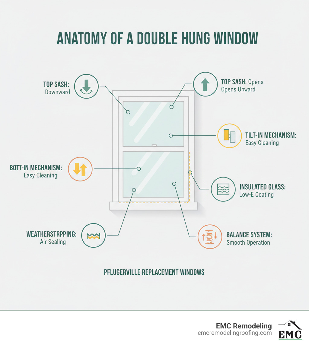 Infographic showing the anatomy of a double hung window with two operable sashes, highlighting key features: top sash opens downward, bottom sash opens upward, tilt-in mechanism for easy cleaning, insulated glass unit with Low-E coating, weatherstripping for air sealing, and balance system for smooth operation - double hung replacement windows pflugerville infographic 