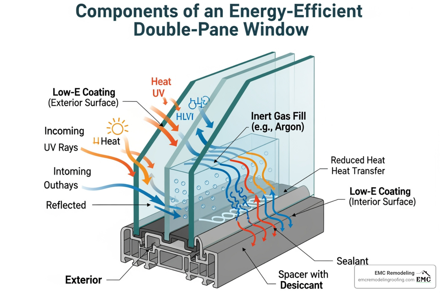 Diagram showing how Low-E glass coatings and inert gas insulation work together to improve a window's energy efficiency, reflecting heat and blocking UV rays. - double hung replacement windows pflugerville