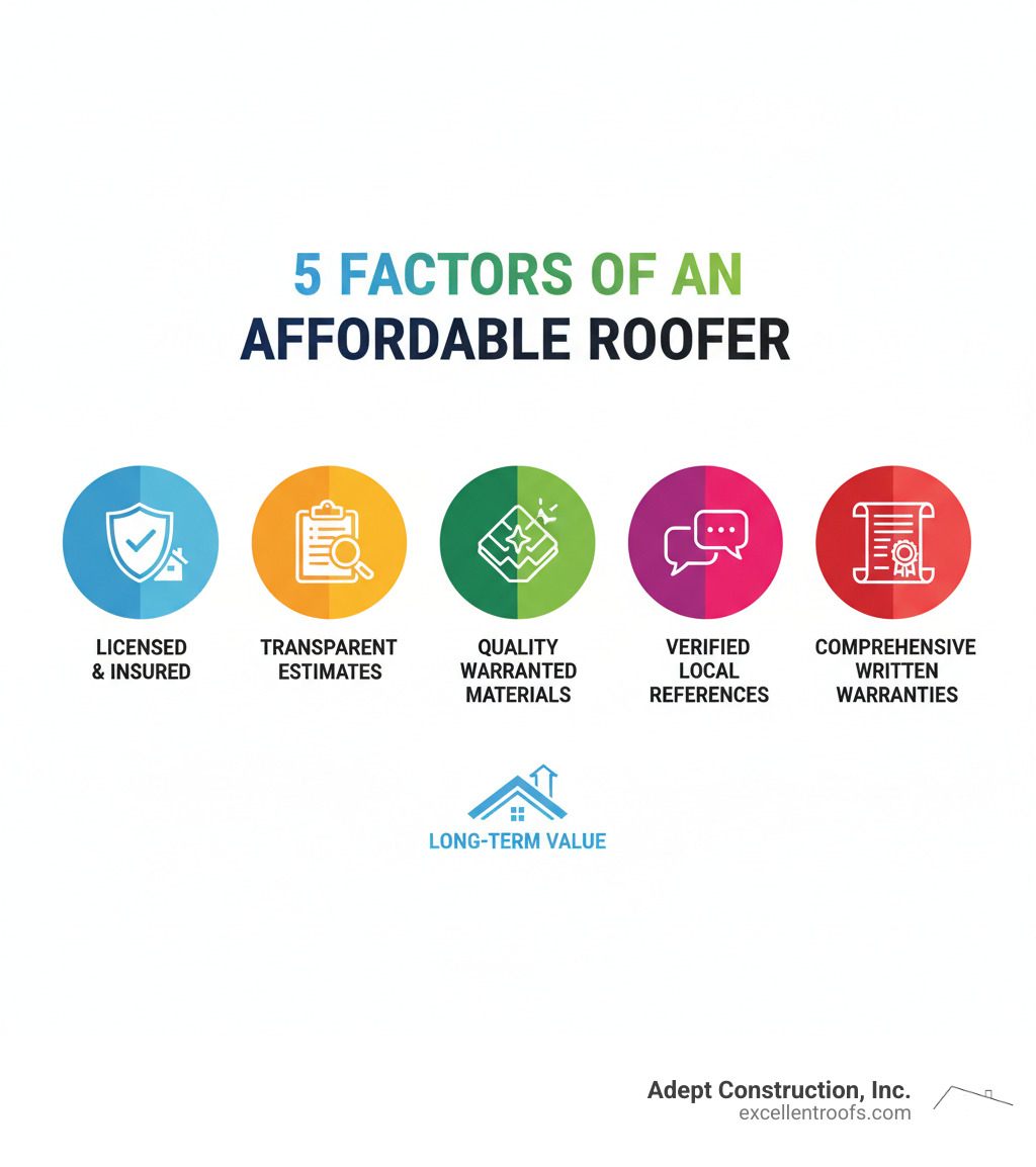 Infographic showing 5 key factors that make a roofer truly affordable: licensed and insured status, transparent written estimates, quality warranted materials, verified local references and reviews, and comprehensive written warranties for labor and materials - affordable roofer infographic Infographic showing 5 key factors that make a roofer truly affordable: licensed and insured status, transparent written estimates, quality warranted materials, verified local references and reviews, and comprehensive written warranties for labor and materials - affordable roofer infographic
