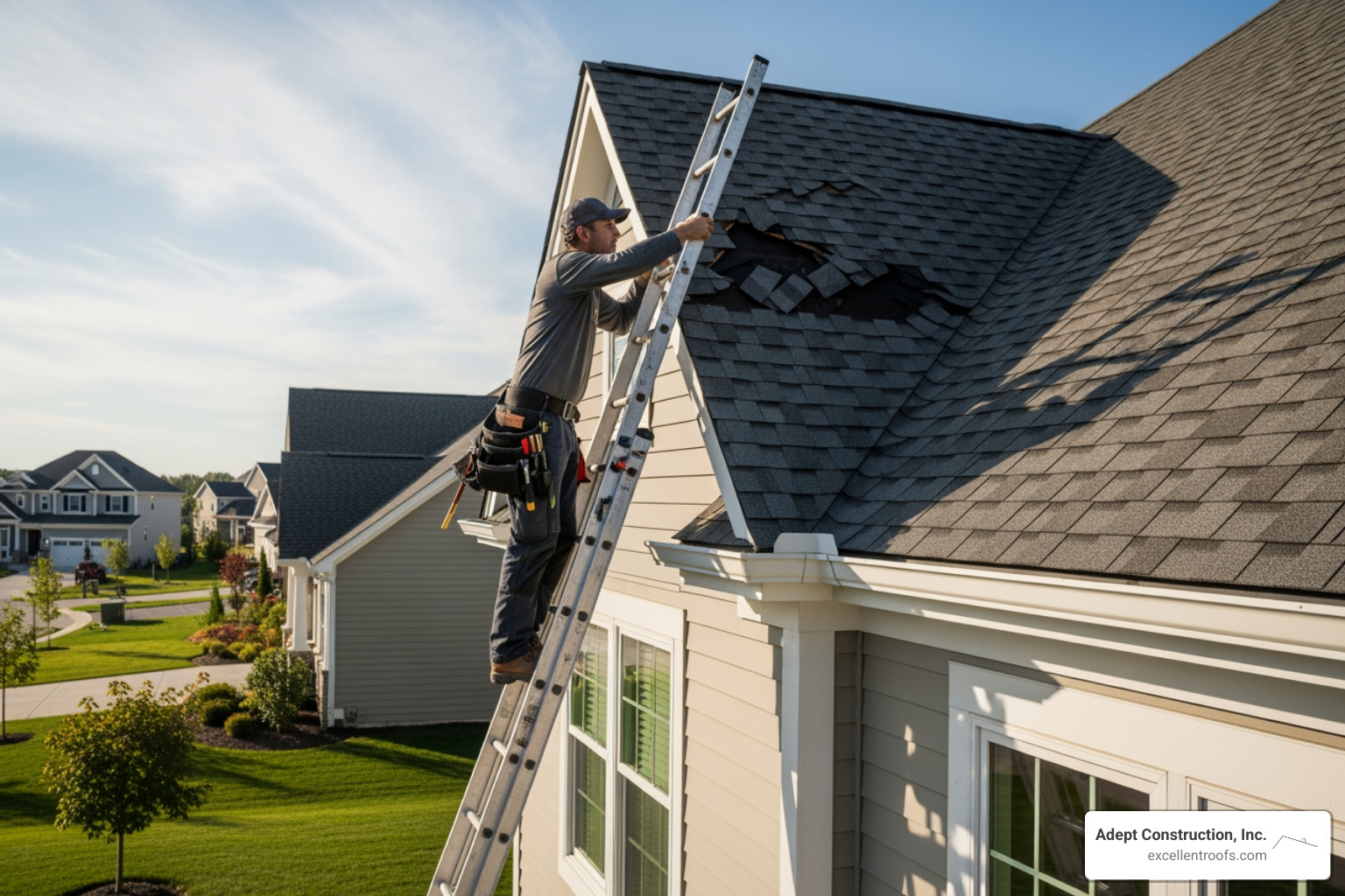 Roofer on a ladder, inspecting a damaged roof section - affordable roofer Roofer on a ladder, inspecting a damaged roof section - affordable roofer
