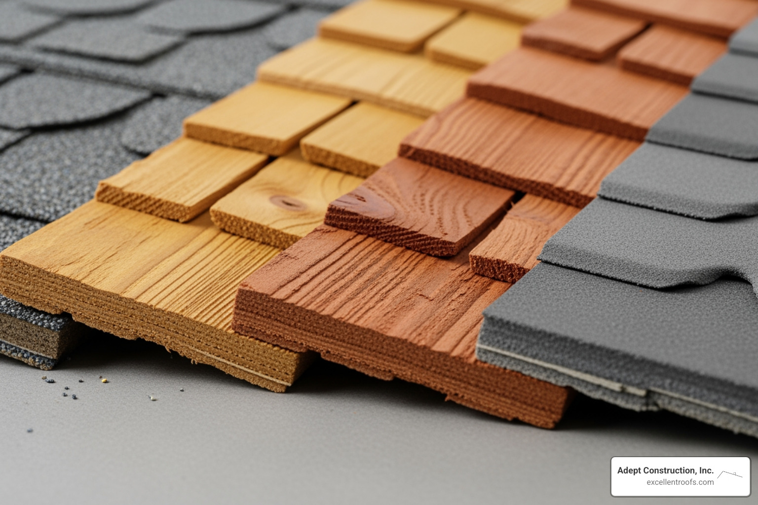 Roofing material samples: asphalt shingles, cedar shakes, and composite shingles - affordable roofer Roofing material samples: asphalt shingles, cedar shakes, and composite shingles - affordable roofer