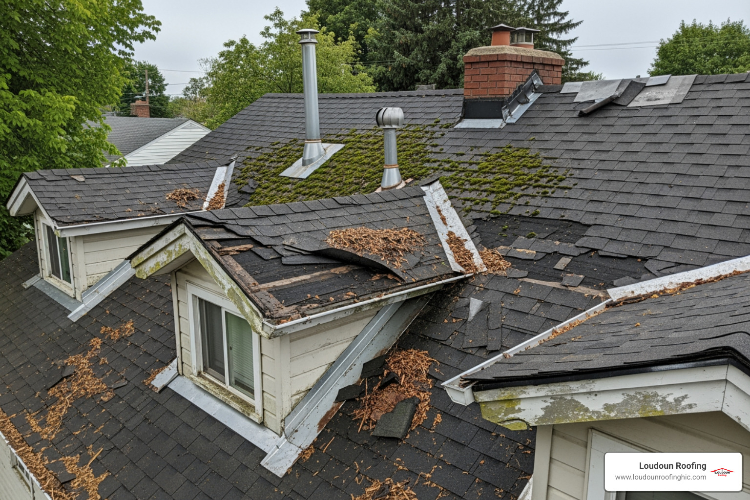 common roof problems like cracked shingles, damaged flashing, and moss growth - pre-purchase roof inspection