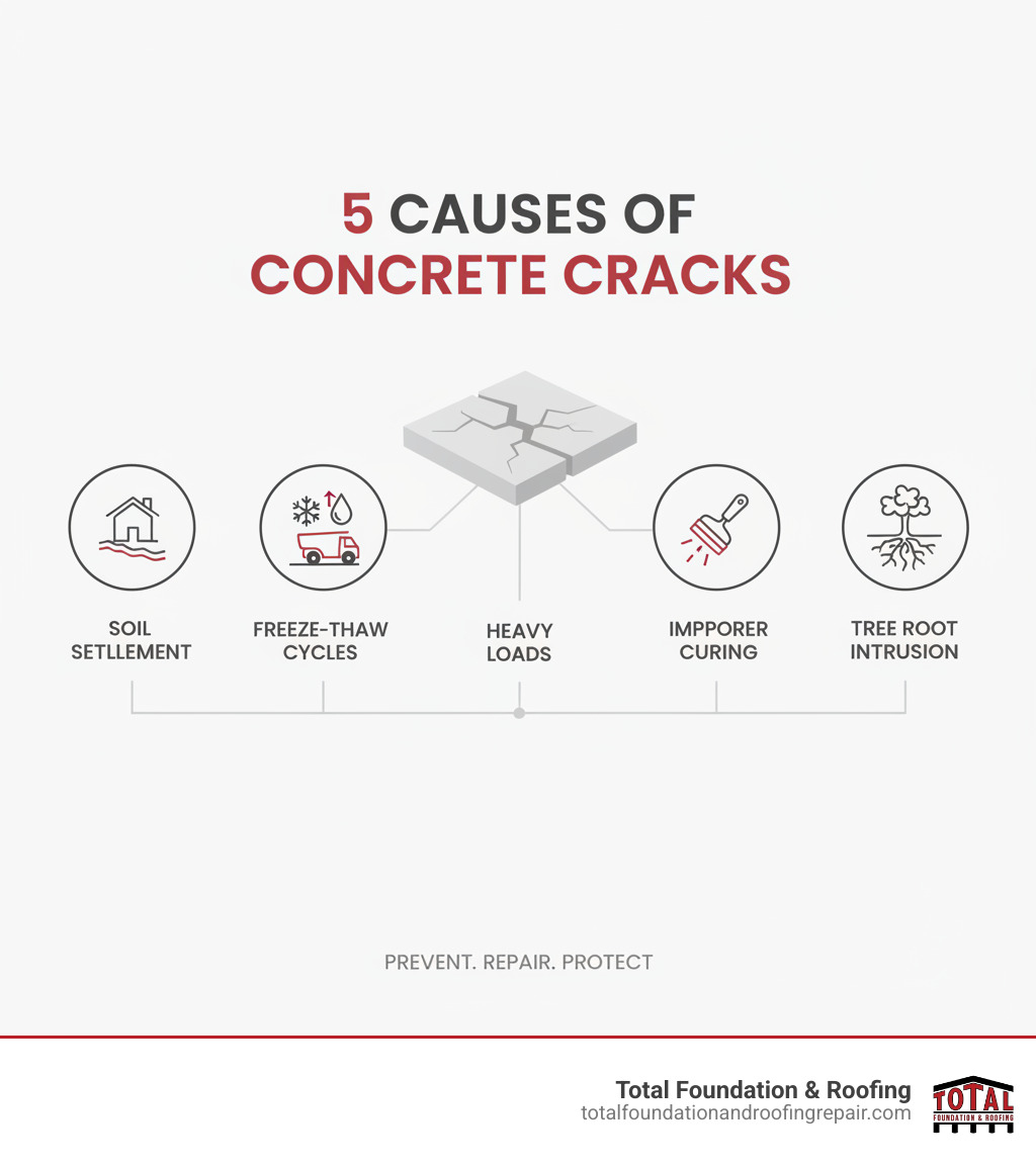 Infographic showing the five main causes of concrete cracks: soil settlement causing foundation movement, freeze-thaw cycles where water expands in cracks, heavy loads from vehicles or equipment, improper curing during installation leading to shrinkage, and tree root intrusion pushing up from below - patching cracks in concrete infographic 