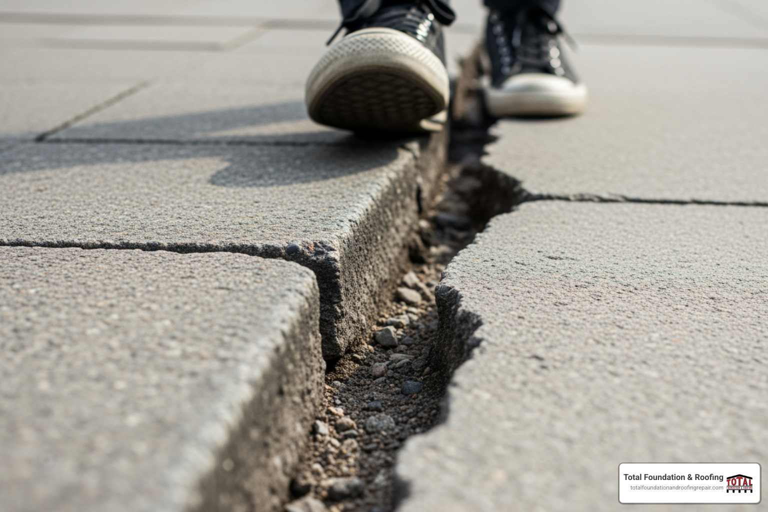 A large, uneven crack in a sidewalk creating a clear trip hazard, with someone's foot about to step on it. - patching cracks in concrete