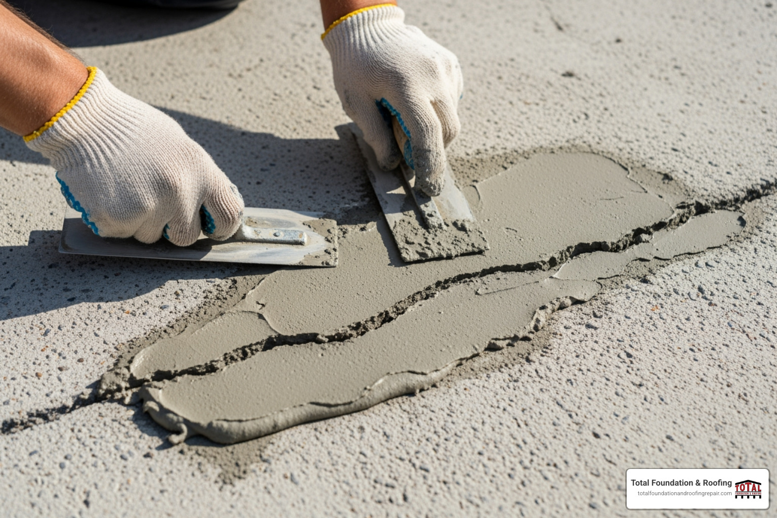 A person using a trowel to expertly smooth a cement-based concrete patch on a wide crack, ensuring it blends seamlessly with the existing surface. - patching cracks in concrete