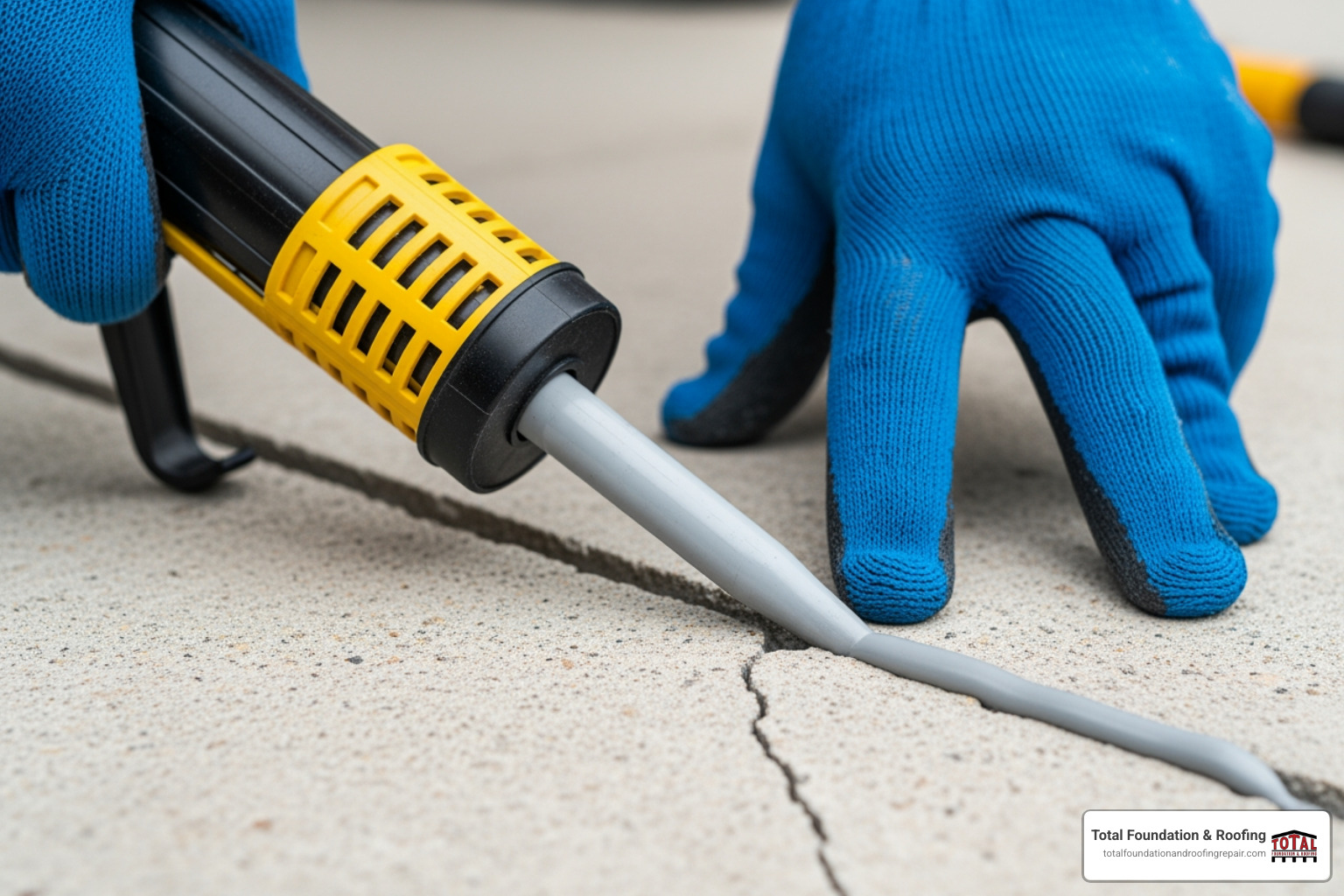 A person applying a smooth, even bead of gray sealant into a narrow concrete crack with a caulking gun, ensuring a flush finish. - patching cracks in concrete