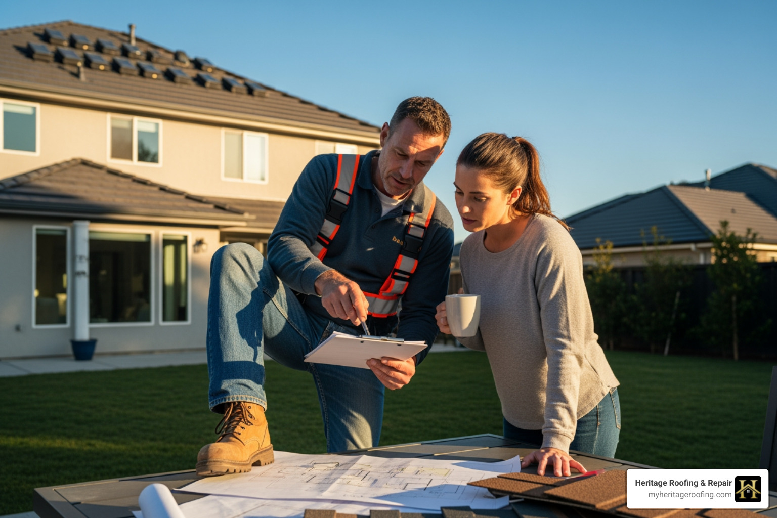 roofer and homeowner reviewing paperwork - roofing companies that work with insurance claims roofer and homeowner reviewing paperwork - roofing companies that work with insurance claims