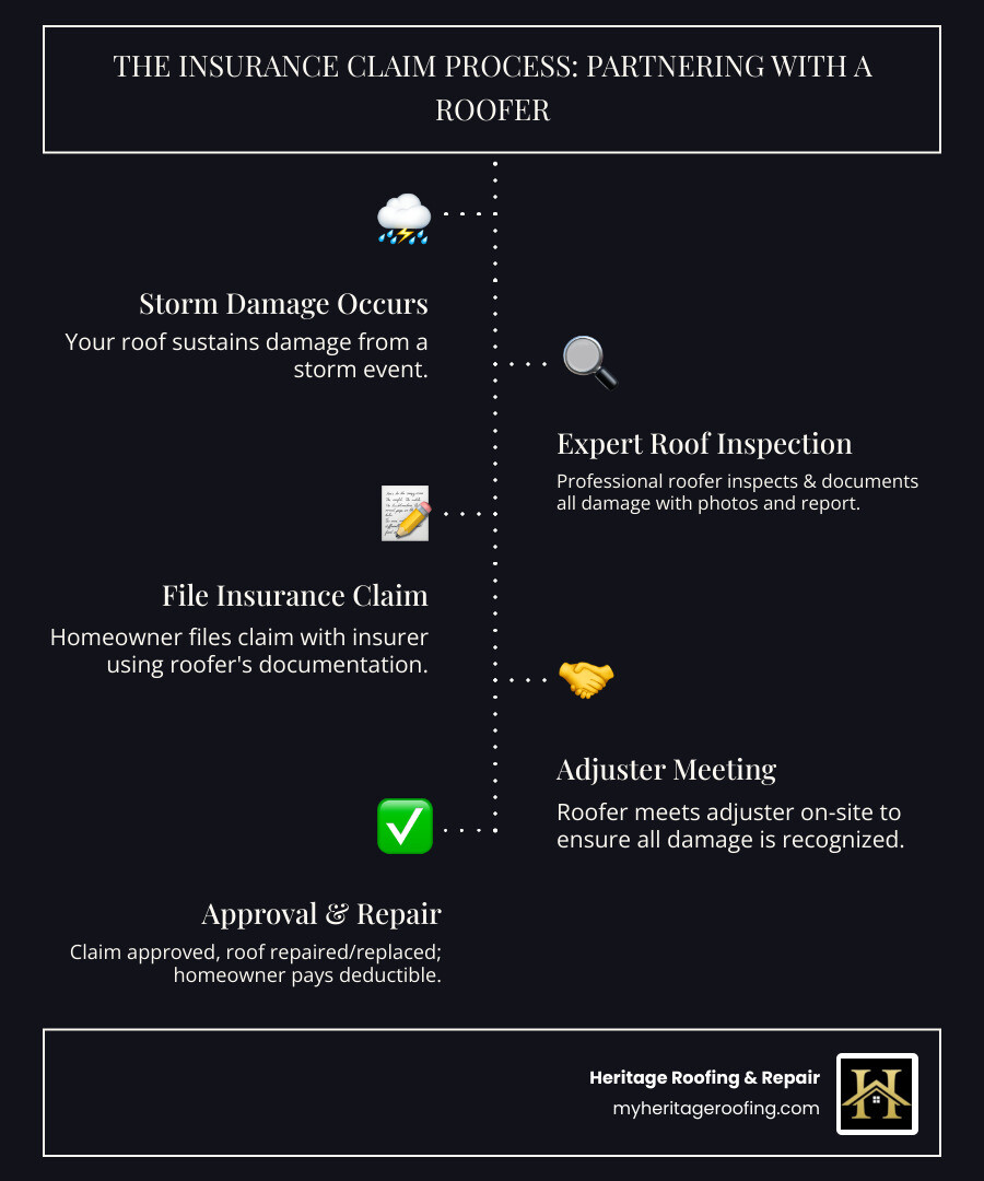 infographic showing the insurance claim process: 1. Storm damage occurs, 2. Professional roofer conducts free inspection and documents all damage with photos and detailed report, 3. Homeowner files claim with insurance company using professional documentation, 4. Roofer meets with insurance adjuster on-site to ensure all damage is recognized, 5. Claim is approved and roof repair or replacement begins, 6. Homeowner pays only their deductible - roofing companies that work with insurance claims infographic infographic-line-5-steps-dark infographic showing the insurance claim process: 1. Storm damage occurs, 2. Professional roofer conducts free inspection and documents all damage with photos and detailed report, 3. Homeowner files claim with insurance company using professional documentation, 4. Roofer meets with insurance adjuster on-site to ensure all damage is recognized, 5. Claim is approved and roof repair or replacement begins, 6. Homeowner pays only their deductible - roofing companies that work with insurance claims infographic infographic-line-5-steps-dark