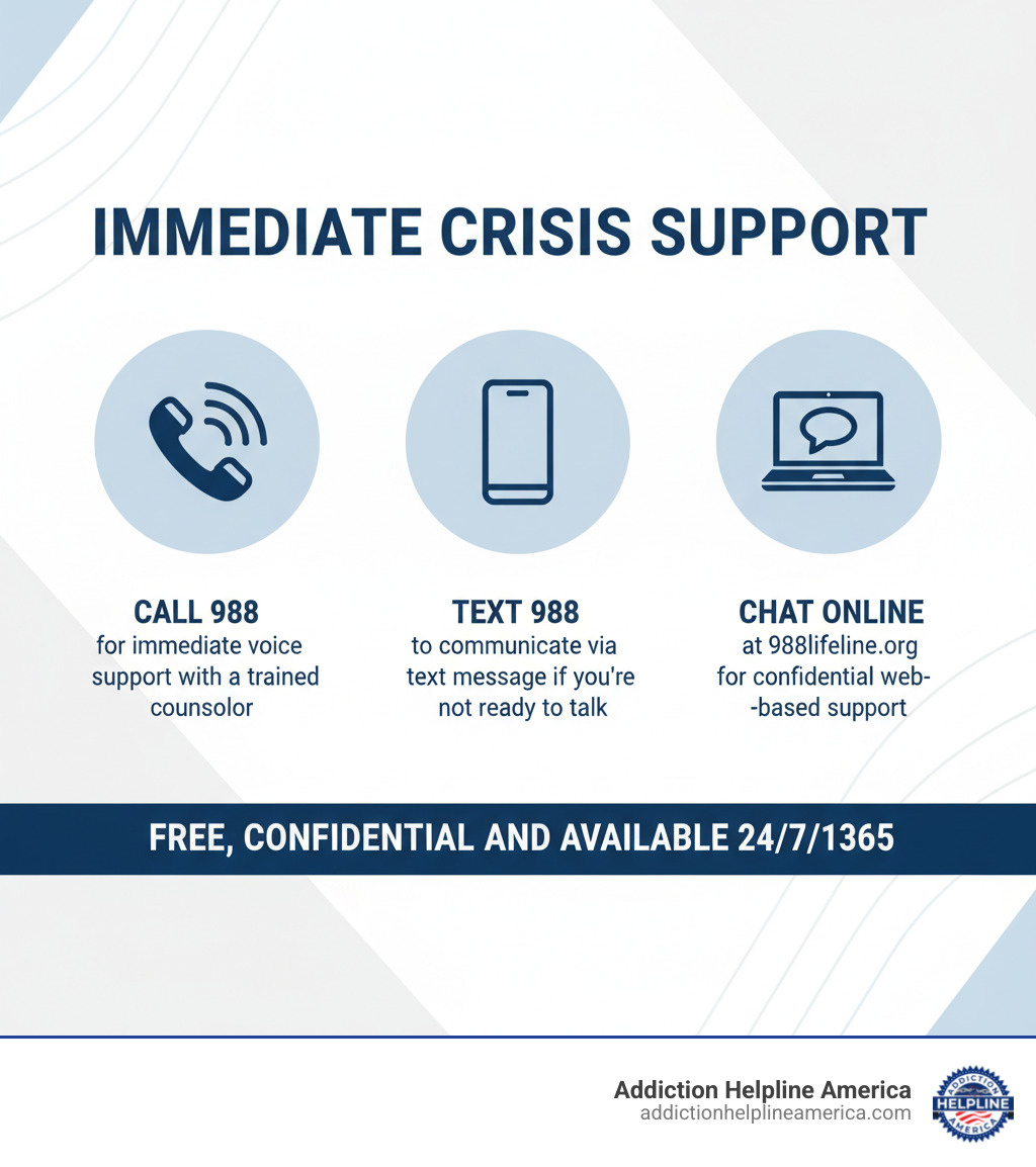 Infographic showing three ways to connect with crisis support: a phone icon labeled "Call 988 for immediate voice support with a trained counselor," a mobile phone icon labeled "Text 988 to communicate via text message if you're not ready to talk," and a laptop icon labeled "Chat online at 988lifeline.org for confidential web-based support." All three options are marked as "Free, Confidential, and Available 24/7/365" - suicide hotline infographic Infographic showing three ways to connect with crisis support: a phone icon labeled "Call 988 for immediate voice support with a trained counselor," a mobile phone icon labeled "Text 988 to communicate via text message if you're not ready to talk," and a laptop icon labeled "Chat online at 988lifeline.org for confidential web-based support." All three options are marked as "Free, Confidential, and Available 24/7/365" - suicide hotline infographic