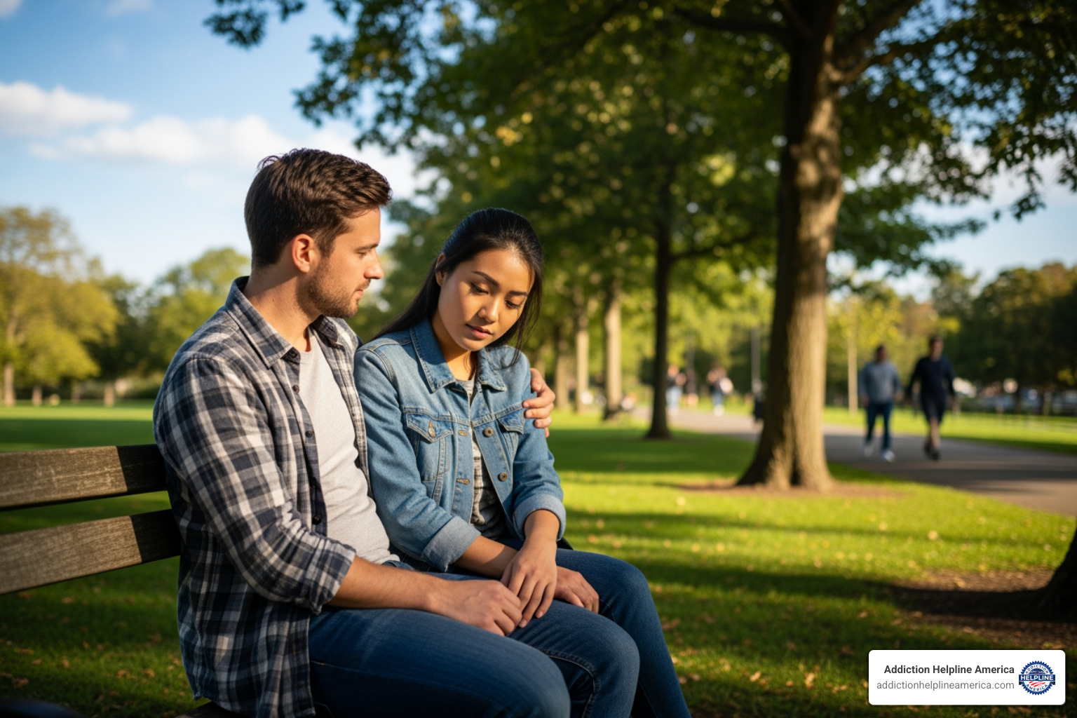 Two friends sitting on a park bench, one with an arm around the other, engaged in a serious, supportive conversation. - suicide hotline Two friends sitting on a park bench, one with an arm around the other, engaged in a serious, supportive conversation. - suicide hotline