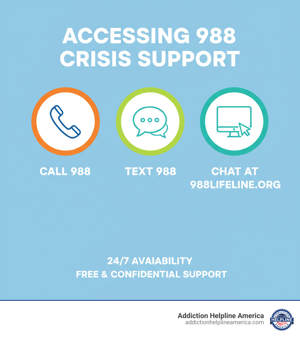 infographic showing three ways to access 988 crisis support: a phone icon labeled Call 988, a text message icon labeled Text 988, and a computer screen icon labeled Chat at 988lifeline.org, with 24/7 availability and free confidential support noted at the bottom - 988 infographic infographic showing three ways to access 988 crisis support: a phone icon labeled Call 988, a text message icon labeled Text 988, and a computer screen icon labeled Chat at 988lifeline.org, with 24/7 availability and free confidential support noted at the bottom - 988 infographic