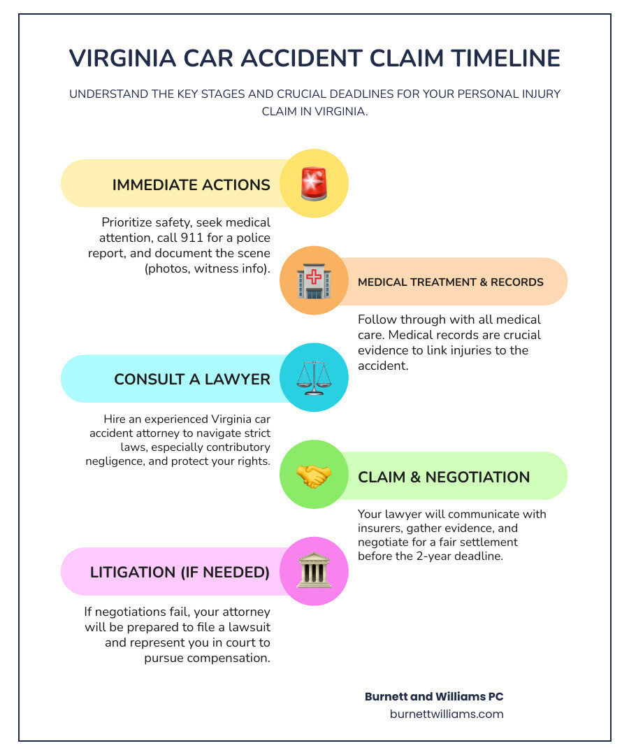 Infographic showing the personal injury case timeline in Virginia, including immediate steps after an accident (seek medical care, gather evidence, notify insurance), filing a Notice of Claim if a government entity is involved, the two-year statute of limitations deadline, settlement negotiations, and potential trial process. Deep blue and gold branded design. - Car accident lawyer infographic infographic-line-5-steps-colors Infographic showing the personal injury case timeline in Virginia, including immediate steps after an accident (seek medical care, gather evidence, notify insurance), filing a Notice of Claim if a government entity is involved, the two-year statute of limitations deadline, settlement negotiations, and potential trial process. Deep blue and gold branded design. - Car accident lawyer infographic infographic-line-5-steps-colors