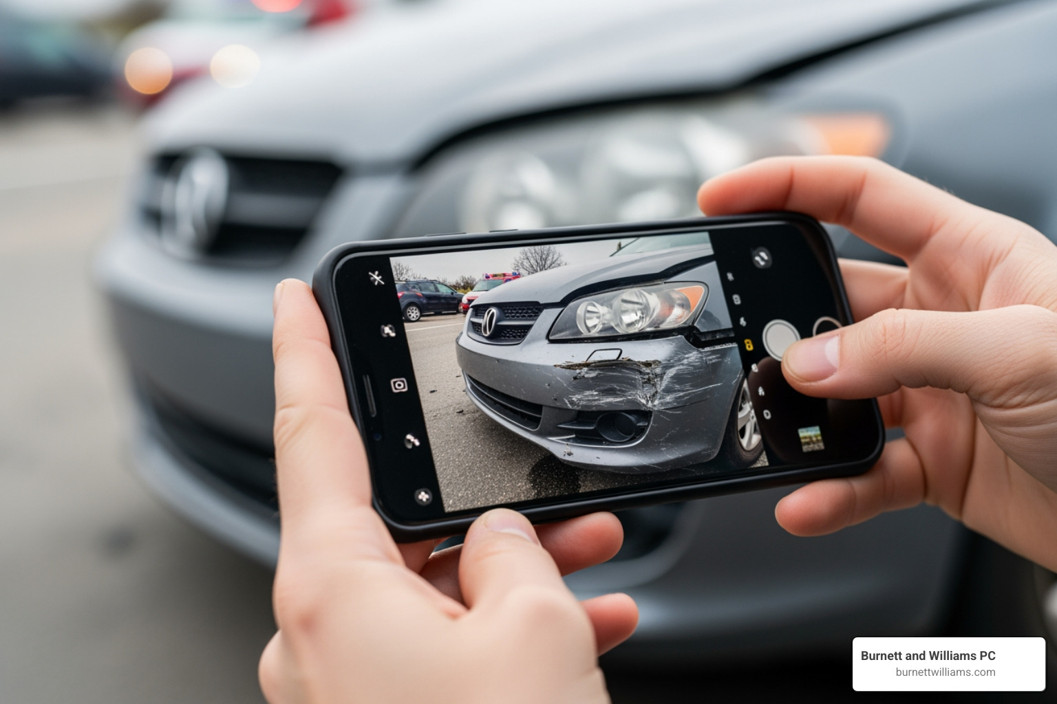 driver taking photos of vehicle damage - Car accident lawyer driver taking photos of vehicle damage - Car accident lawyer