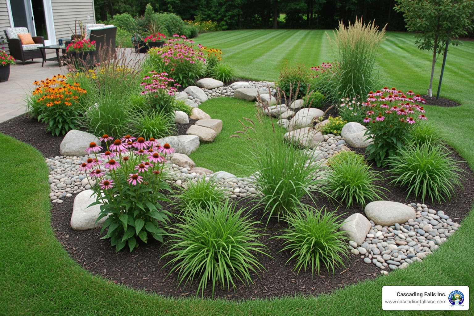 a beautiful rain garden in a residential yard - yard drainage solutions a beautiful rain garden in a residential yard - yard drainage solutions