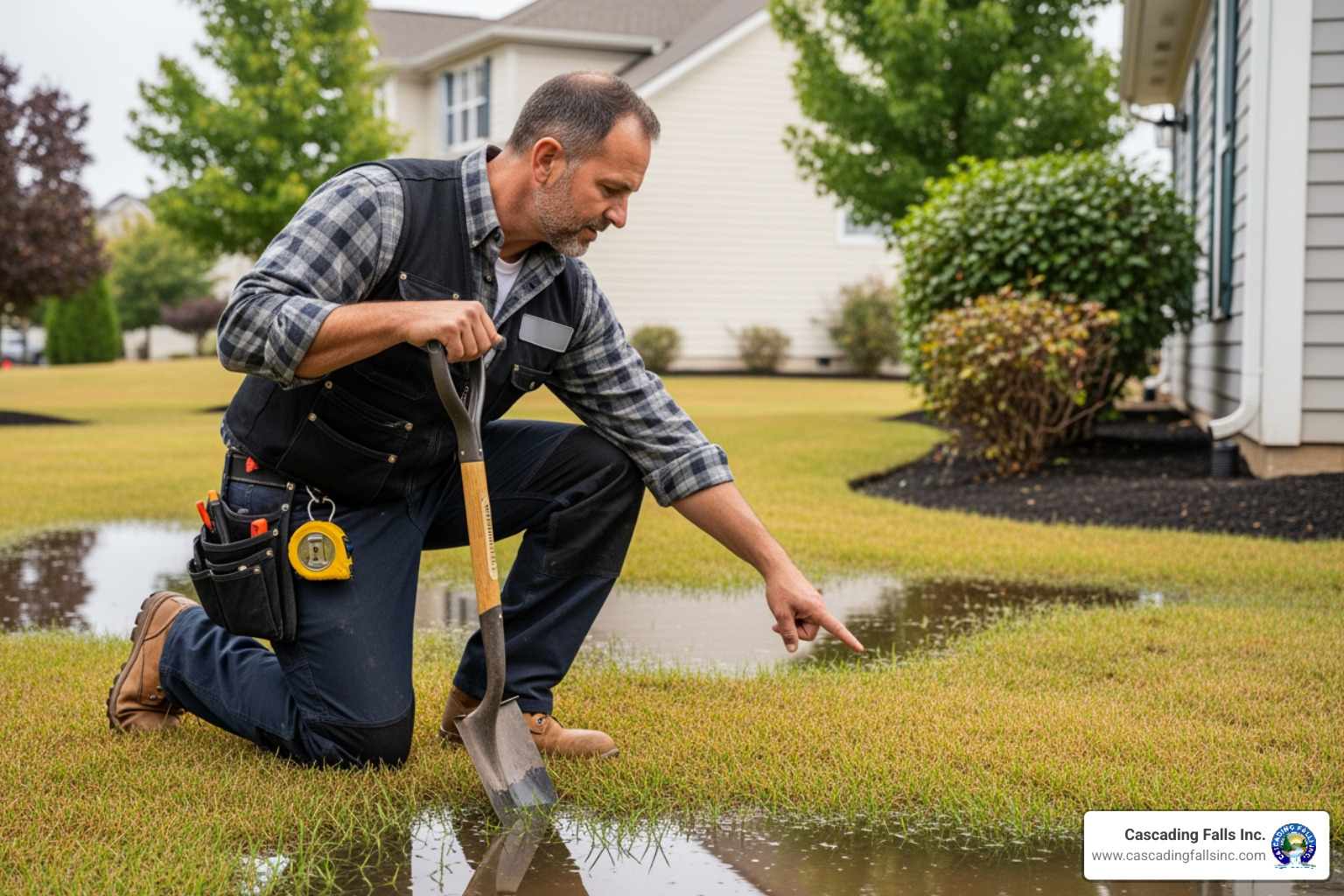 a professional contractor assessing a yard's drainage - yard drainage solutions a professional contractor assessing a yard's drainage - yard drainage solutions