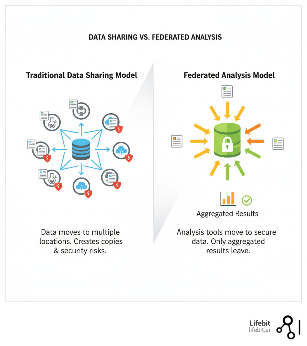 Infographic comparing traditional data sharing model (data moves to multiple locations creating security risks and copies) versus federated analysis model (analysis tools move to secure data location, only aggregated results leave) - technology partners for large cohort studies like canpath infographic Infographic comparing traditional data sharing model (data moves to multiple locations creating security risks and copies) versus federated analysis model (analysis tools move to secure data location, only aggregated results leave) - technology partners for large cohort studies like canpath infographic